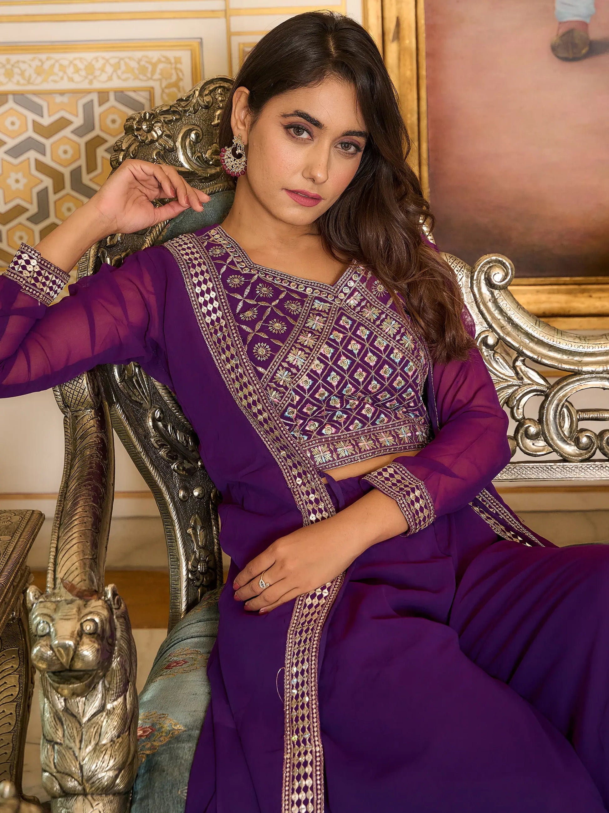 Beautiful Purple Georgette Festival Wear Palazzo Top With Shrug - Zeel Clothing