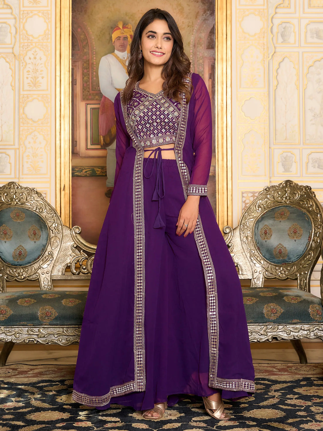 Beautiful Purple Georgette Festival Wear Palazzo Top With Shrug - Zeel Clothing