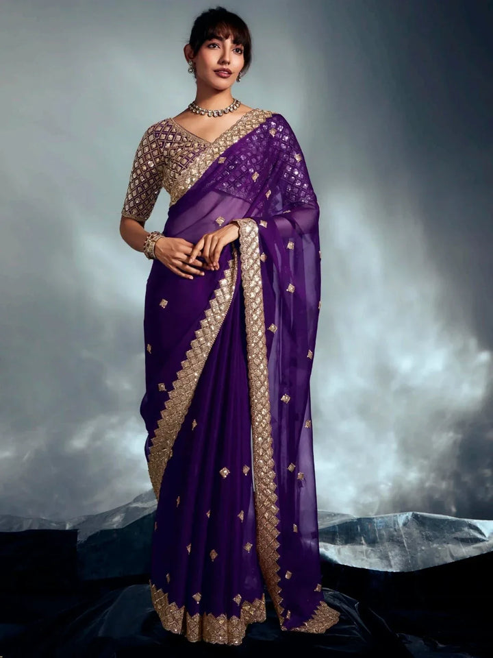 Beautiful Purple Heavy Embroidered Organza Designer Saree - Zeel Clothing