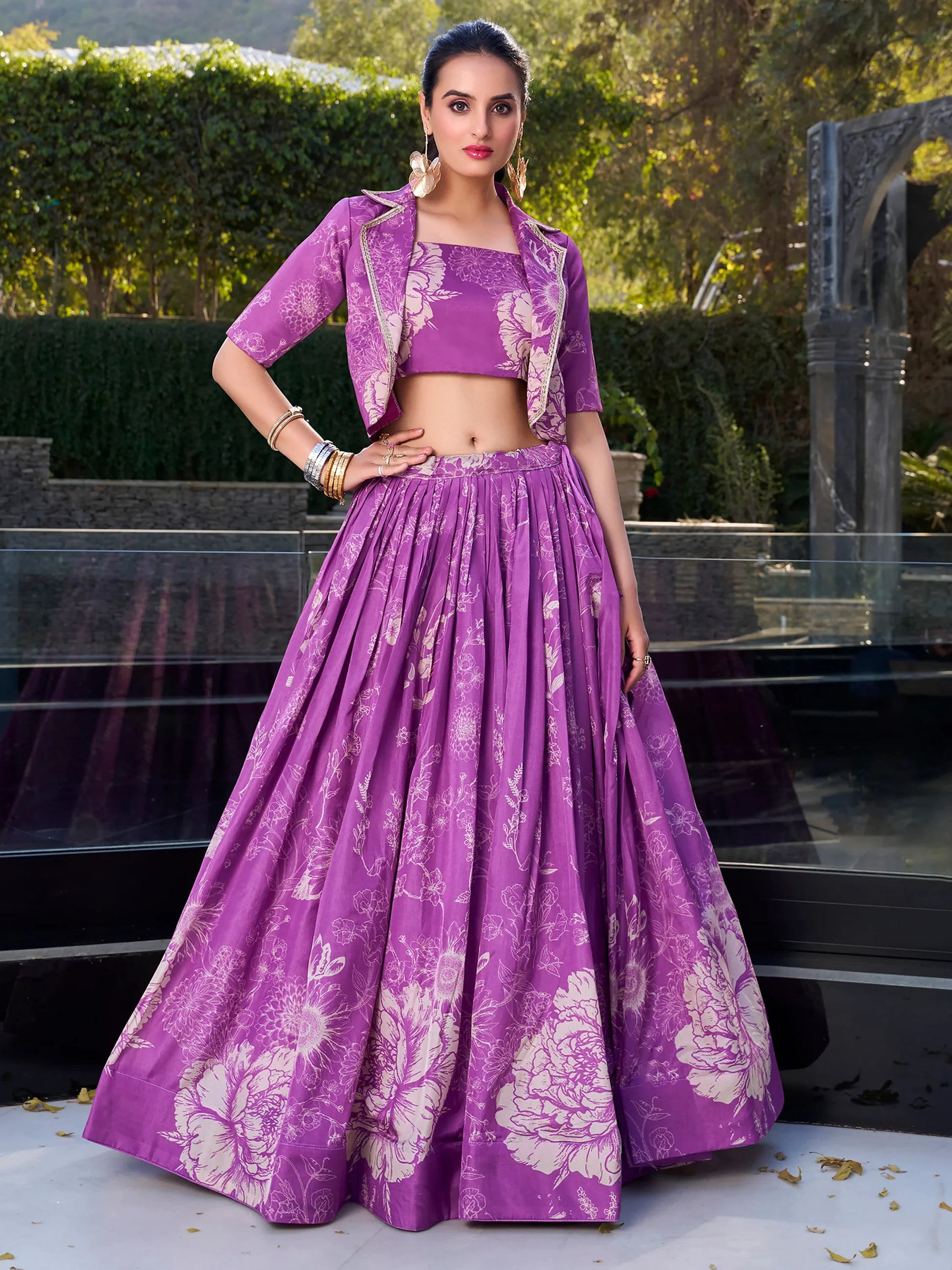 Beautiful Purple Printed Silk Party Wear Crop Top Lehenga With Jacket - Zeel Clothing