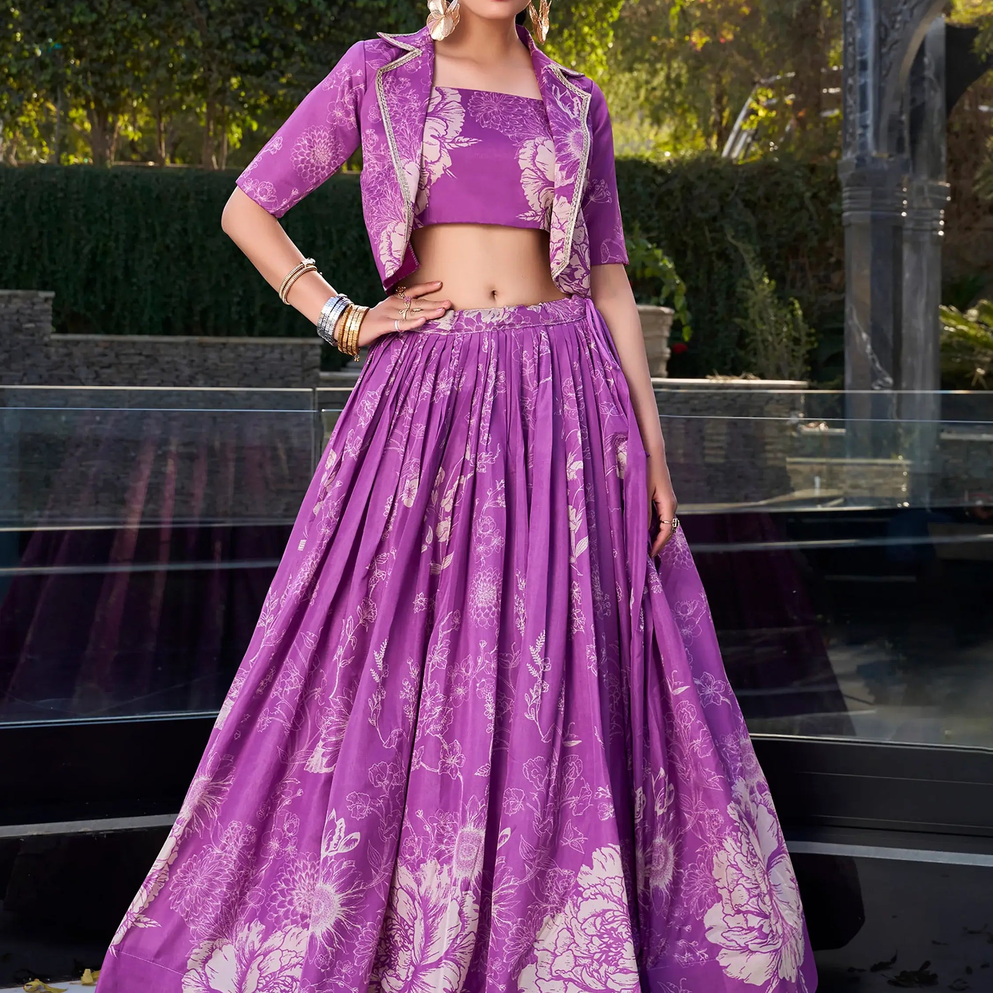 Beautiful Purple Printed Silk Party Wear Crop Top Lehenga With Jacket - Zeel Clothing
