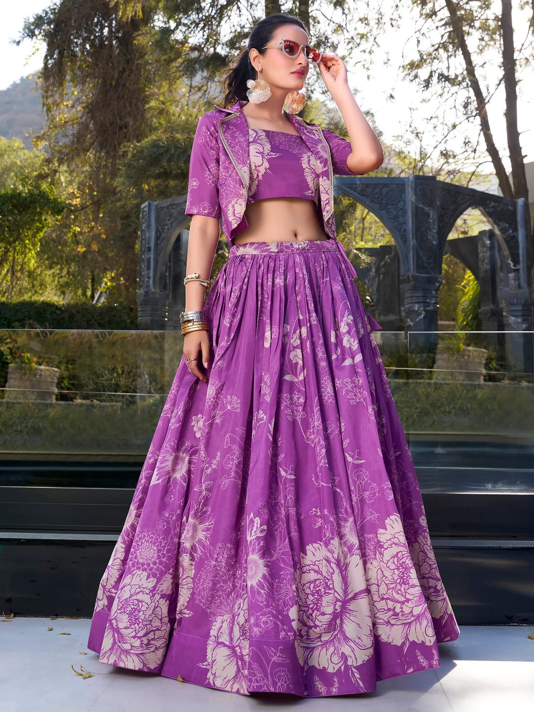 Beautiful Purple Printed Silk Party Wear Crop Top Lehenga With Jacket - Zeel Clothing