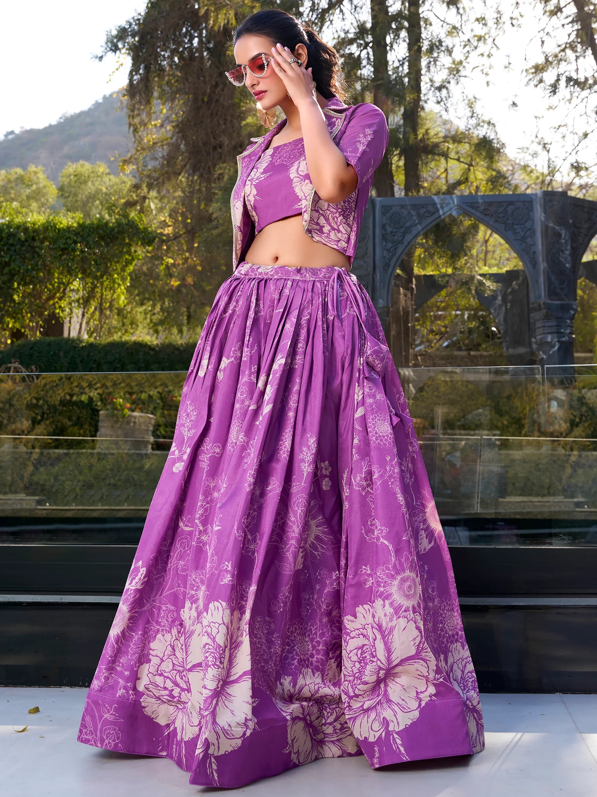 Beautiful Purple Printed Silk Party Wear Crop Top Lehenga With Jacket - Zeel Clothing