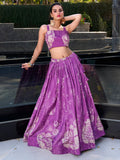 Beautiful Purple Printed Silk Party Wear Crop Top Lehenga With Jacket - Zeel Clothing