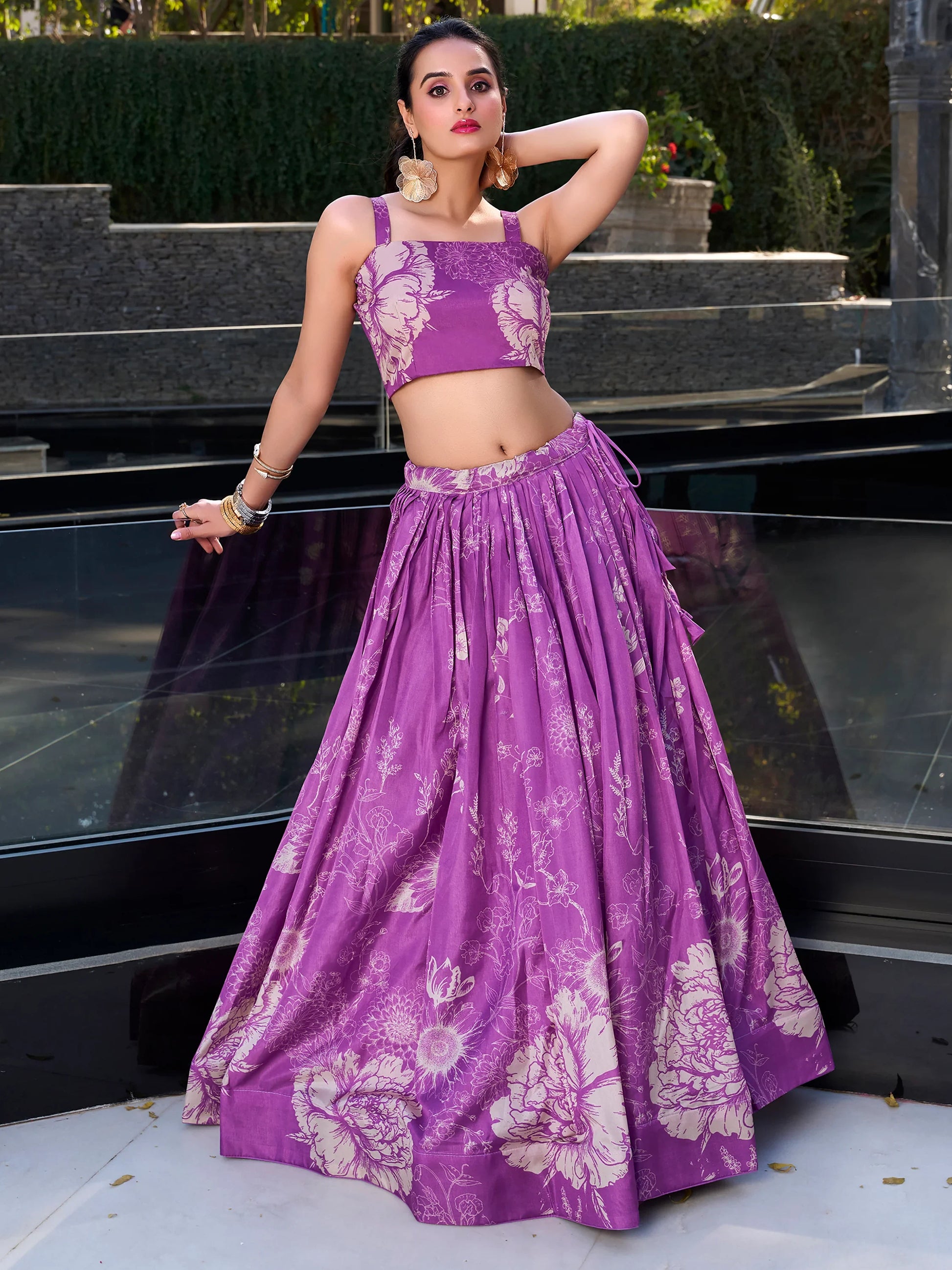 Beautiful Purple Printed Silk Party Wear Crop Top Lehenga With Jacket - Zeel Clothing
