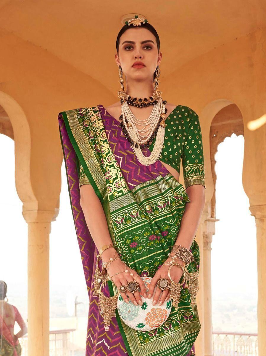 Beautiful Purple Printed Silk Wedding Wear Saree