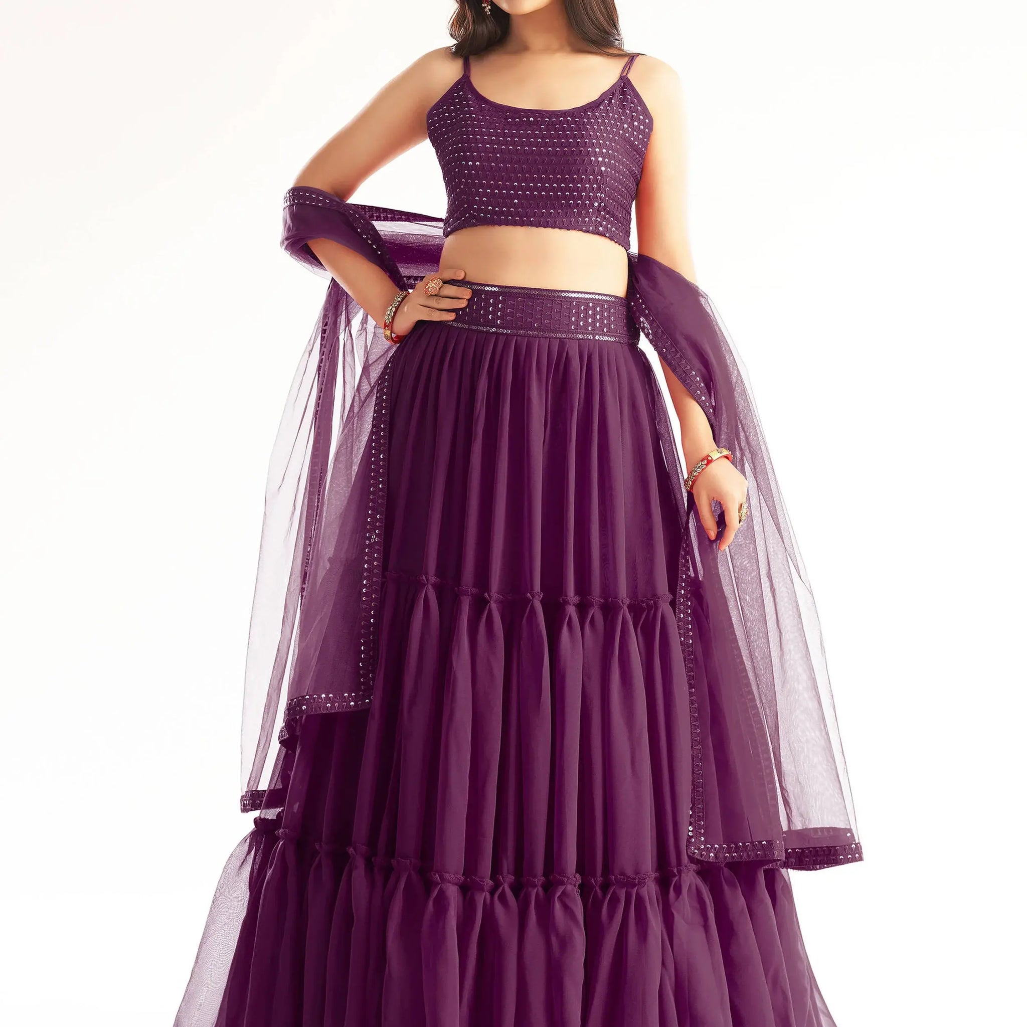 Beautiful Purple Sequined Georgette Party Wear Lehenga Choli - Zeel Clothing