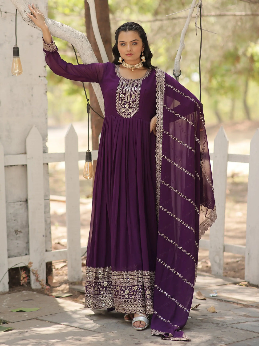 Beautiful Purple Sequins Georgette Festival Wear Gown With Dupatta - Zeel Clothing