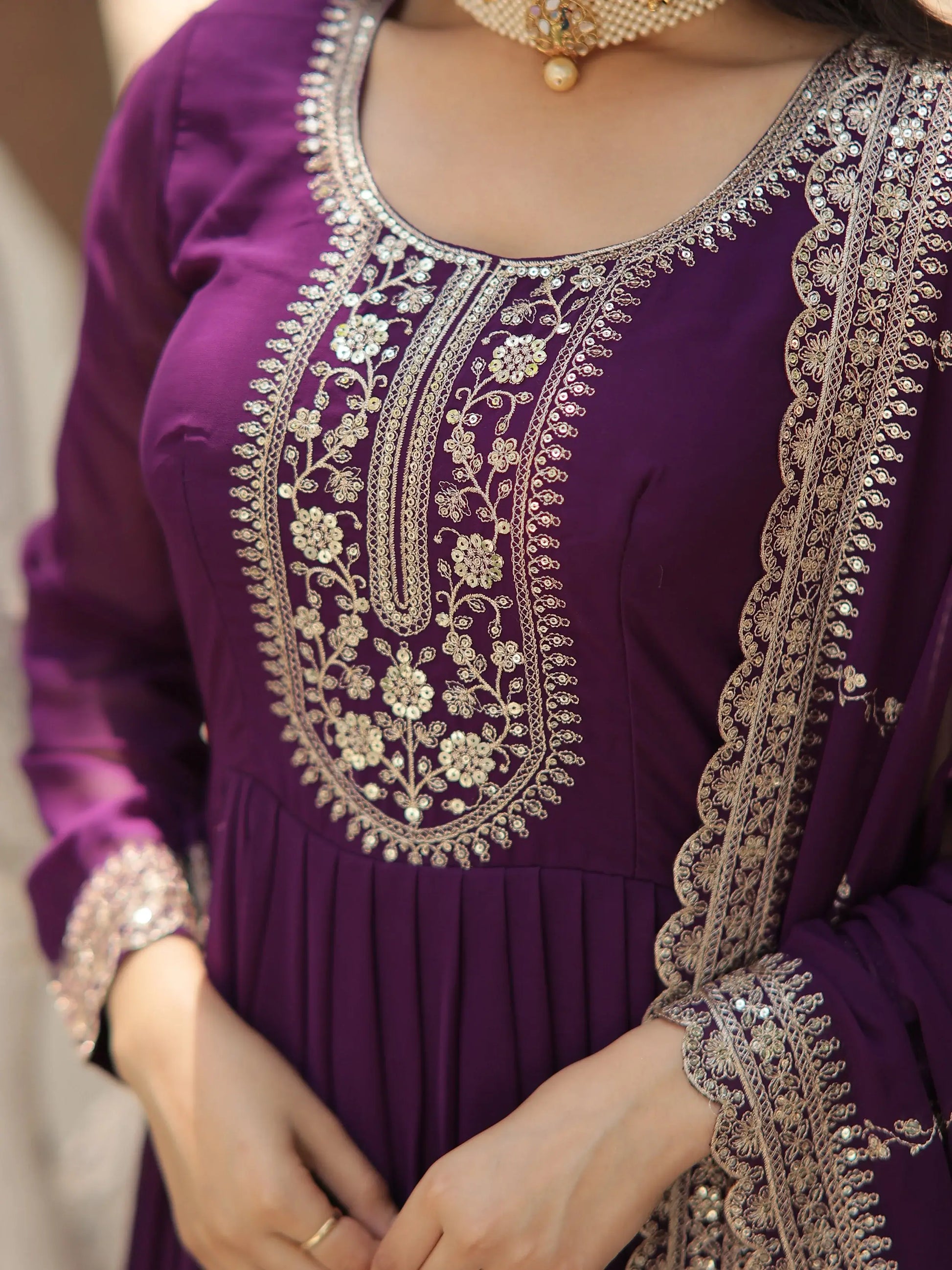 Beautiful Purple Sequins Georgette Festival Wear Gown With Dupatta - Zeel Clothing