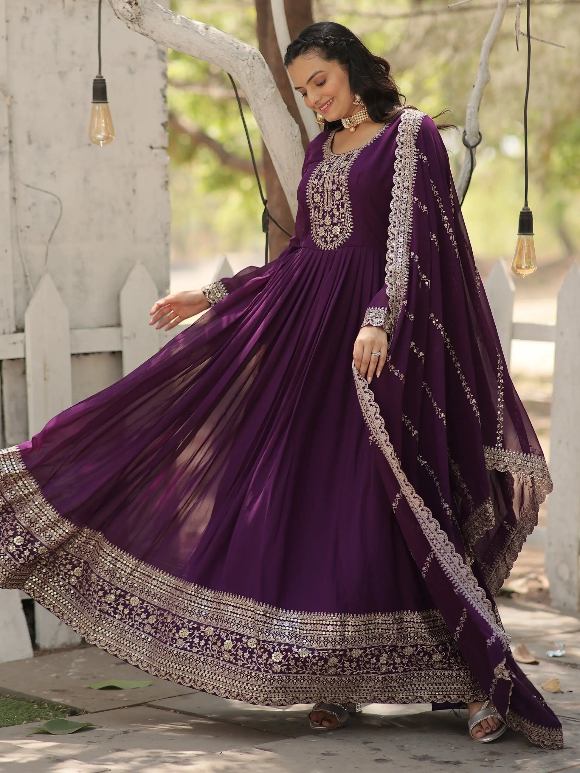 Beautiful Purple Sequins Georgette Festival Wear Gown With Dupatta - Zeel Clothing