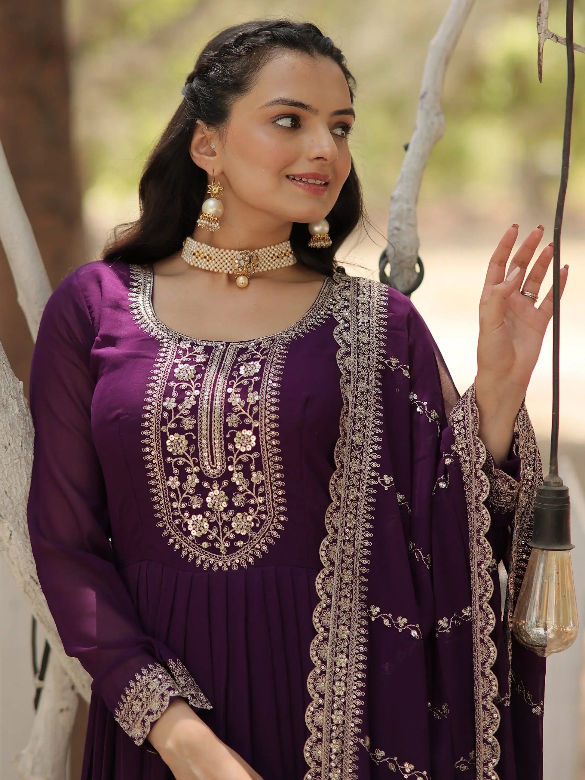 Beautiful Purple Sequins Georgette Festival Wear Gown With Dupatta - Zeel Clothing