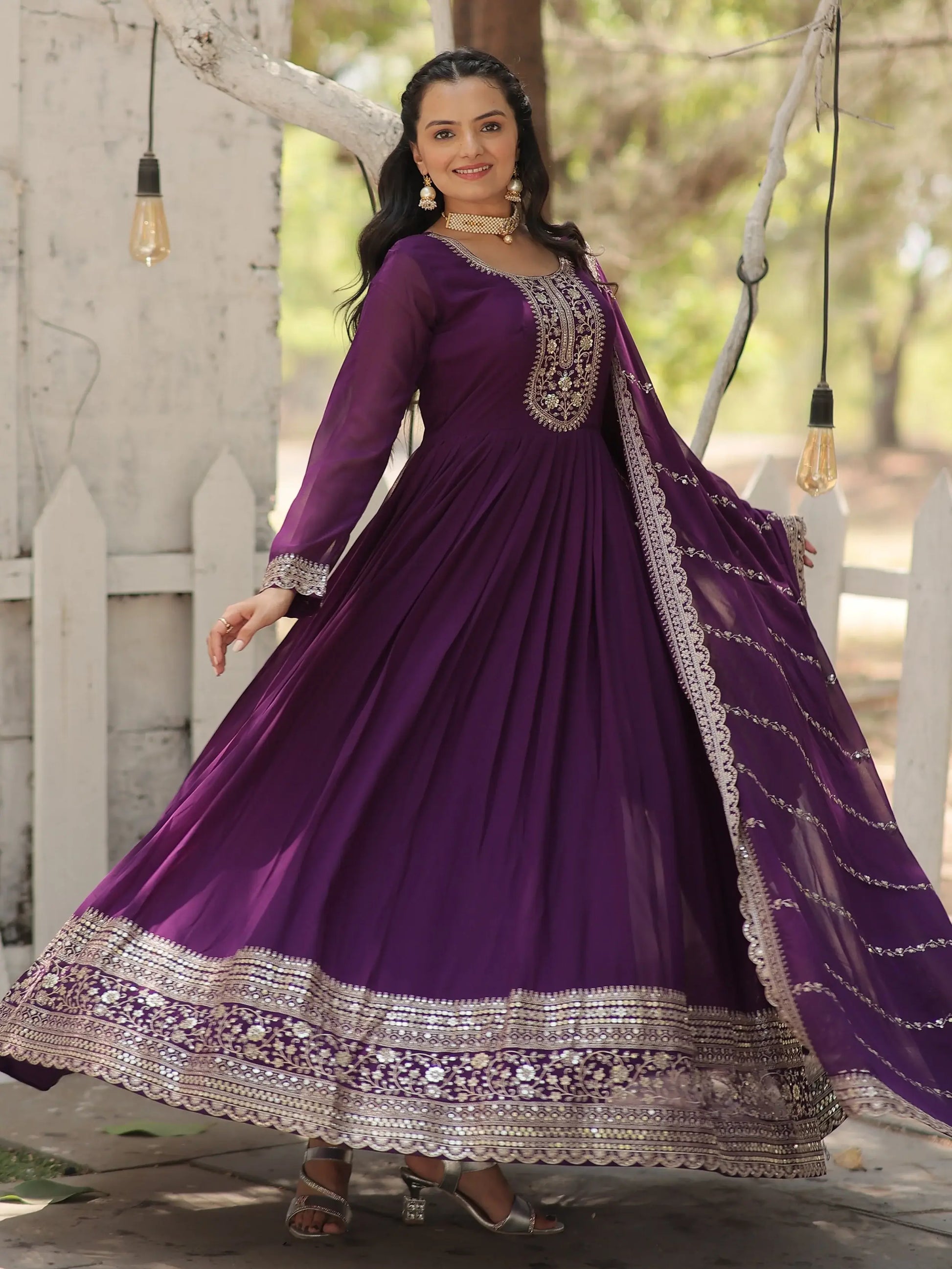 Beautiful Purple Sequins Georgette Festival Wear Gown With Dupatta - Zeel Clothing