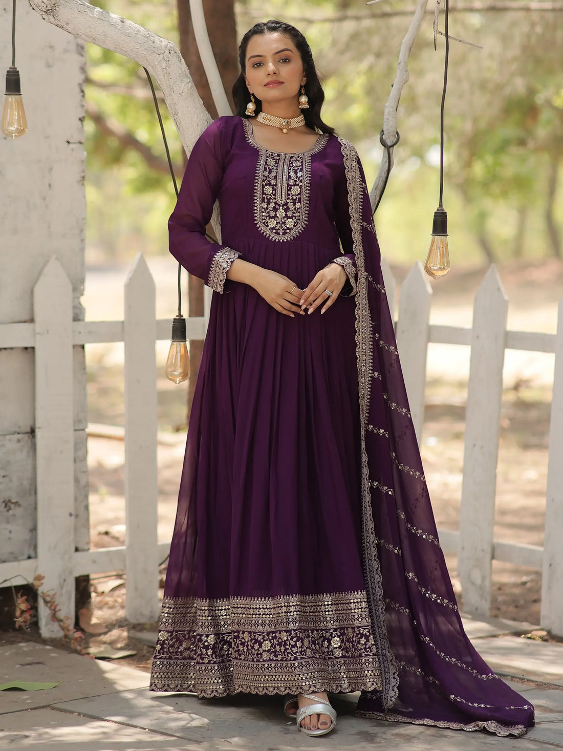 Beautiful Purple Sequins Georgette Festival Wear Gown With Dupatta - Zeel Clothing