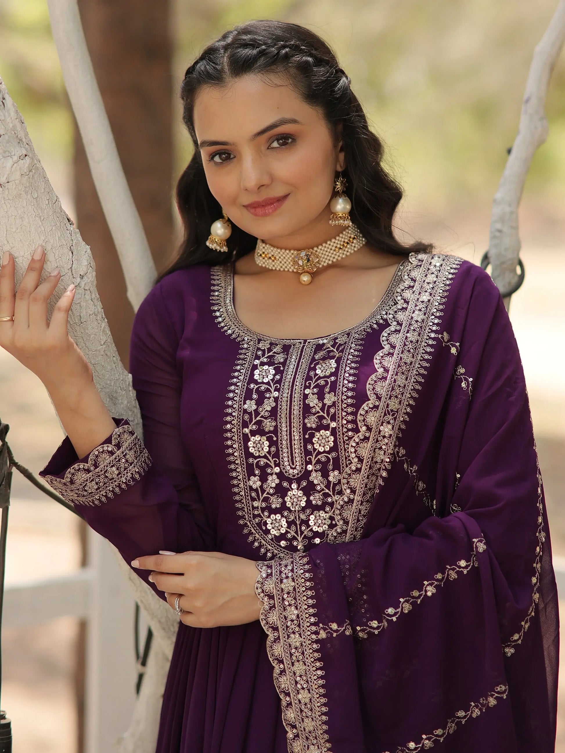 Beautiful Purple Sequins Georgette Festival Wear Gown With Dupatta - Zeel Clothing