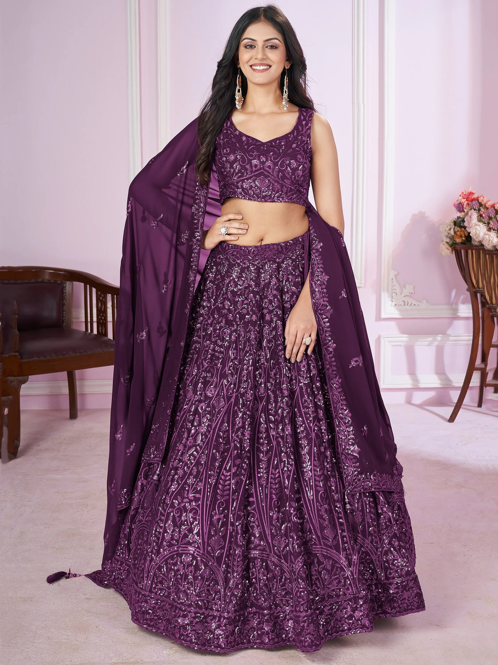Beautiful Purple Sequins Georgette Wedding Lehenga Choli With Dupatta - Zeel Clothing