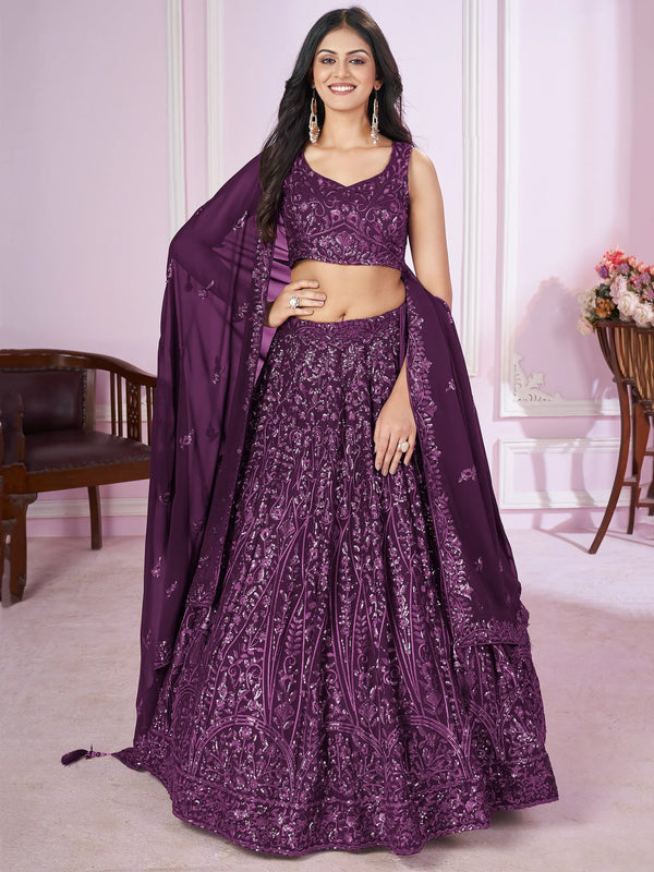 Beautiful Purple Sequins Georgette Wedding Lehenga Choli With Dupatta - Zeel Clothing