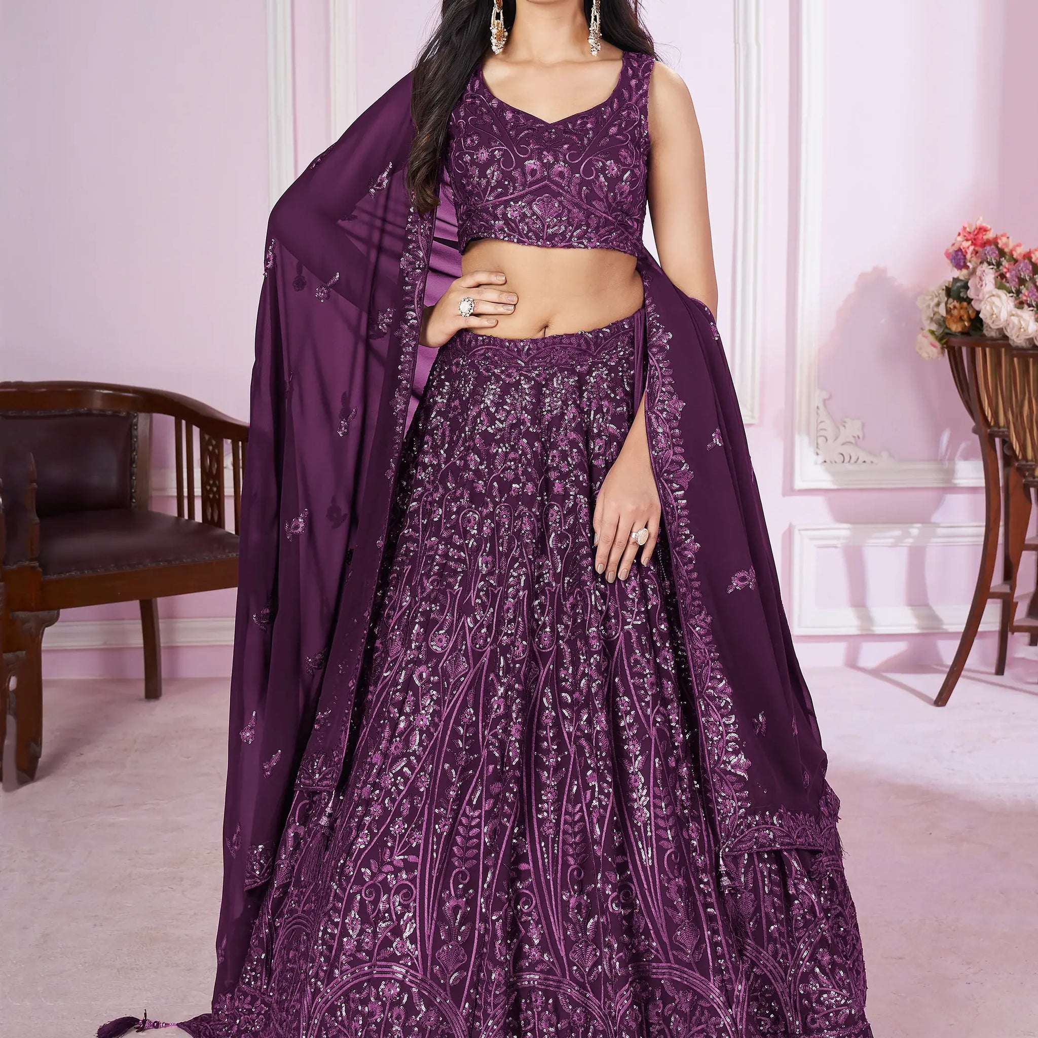 Beautiful Purple Sequins Georgette Wedding Lehenga Choli With Dupatta - Zeel Clothing