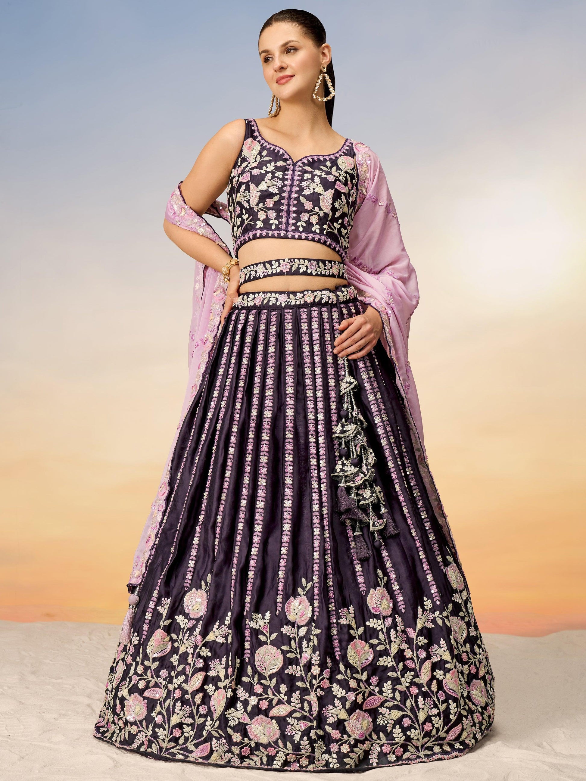 Beautiful Purple Sequins Satin Designer Lehenga Choli With Dupatta