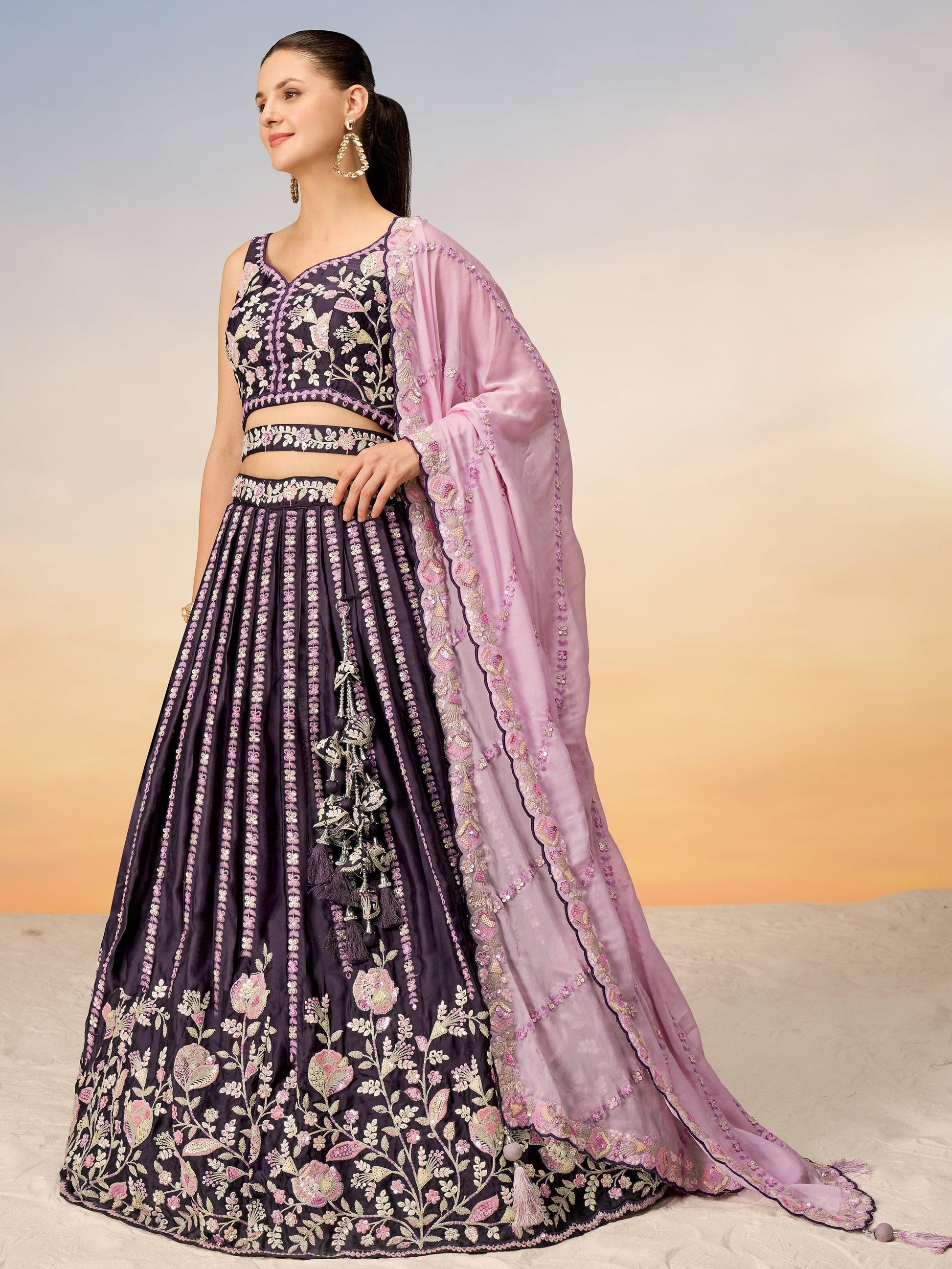 Beautiful Purple Sequins Satin Designer Lehenga Choli With Dupatta