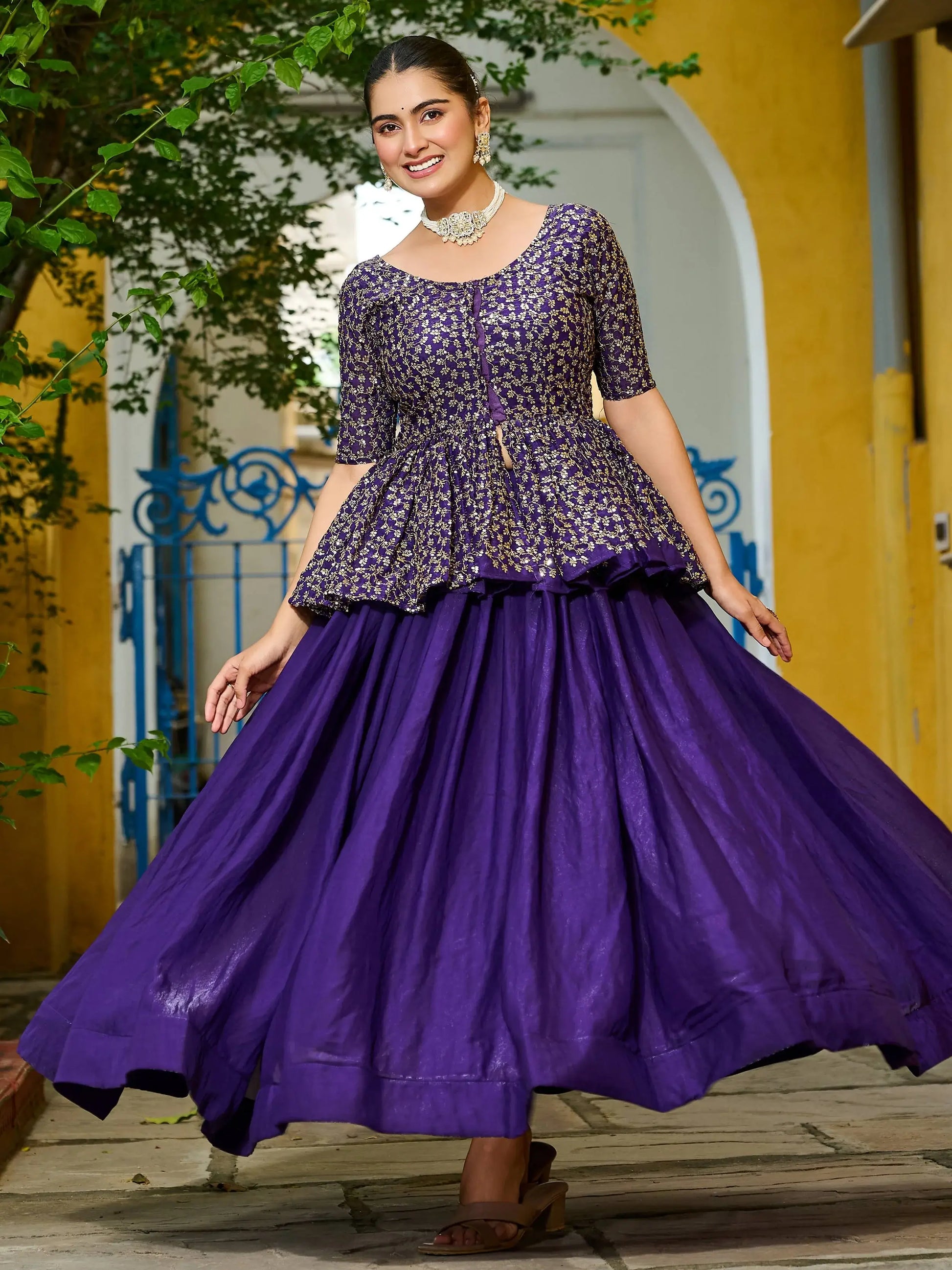 Beautiful Purple Silk Function Wear Lehenga With Sequins Peplum Top - Zeel Clothing