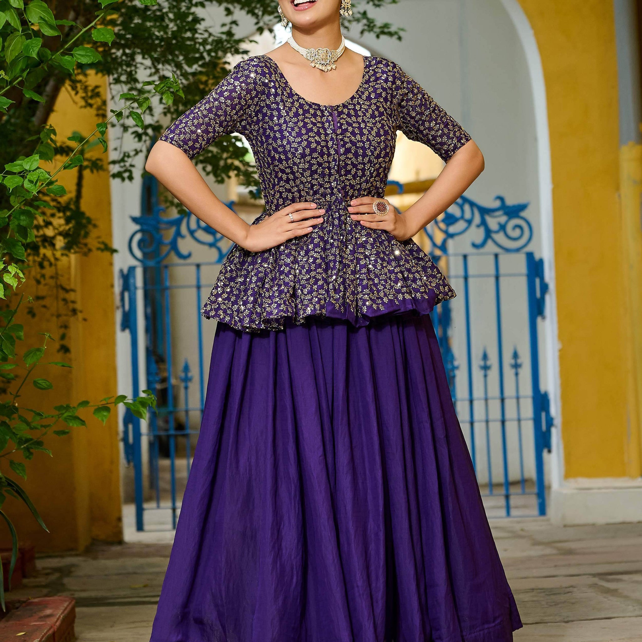 Beautiful Purple Silk Function Wear Lehenga With Sequins Peplum Top - Zeel Clothing