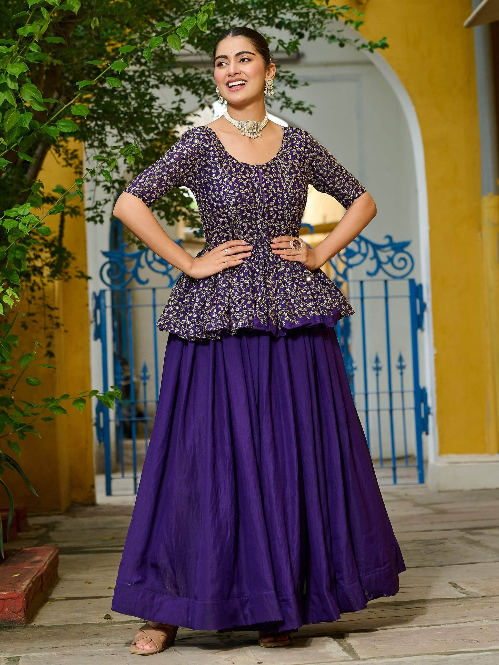 Beautiful Purple Silk Function Wear Lehenga With Sequins Peplum Top - Zeel Clothing