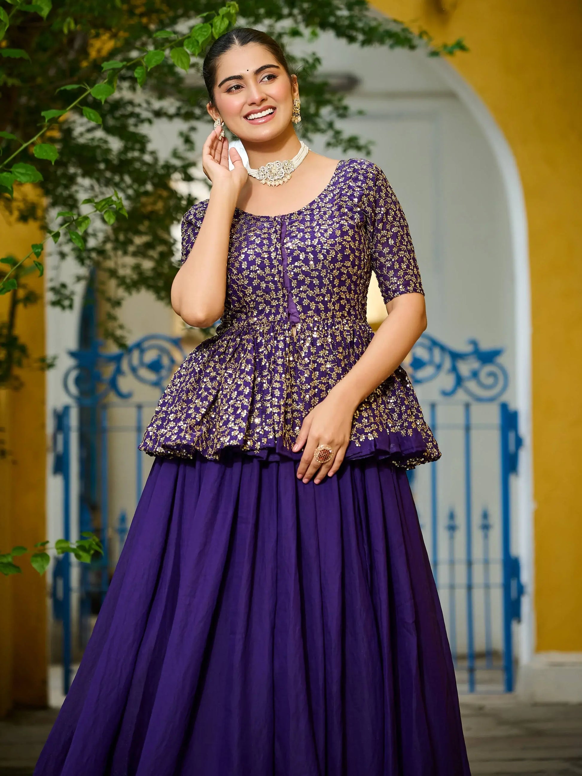 Beautiful Purple Silk Function Wear Lehenga With Sequins Peplum Top - Zeel Clothing