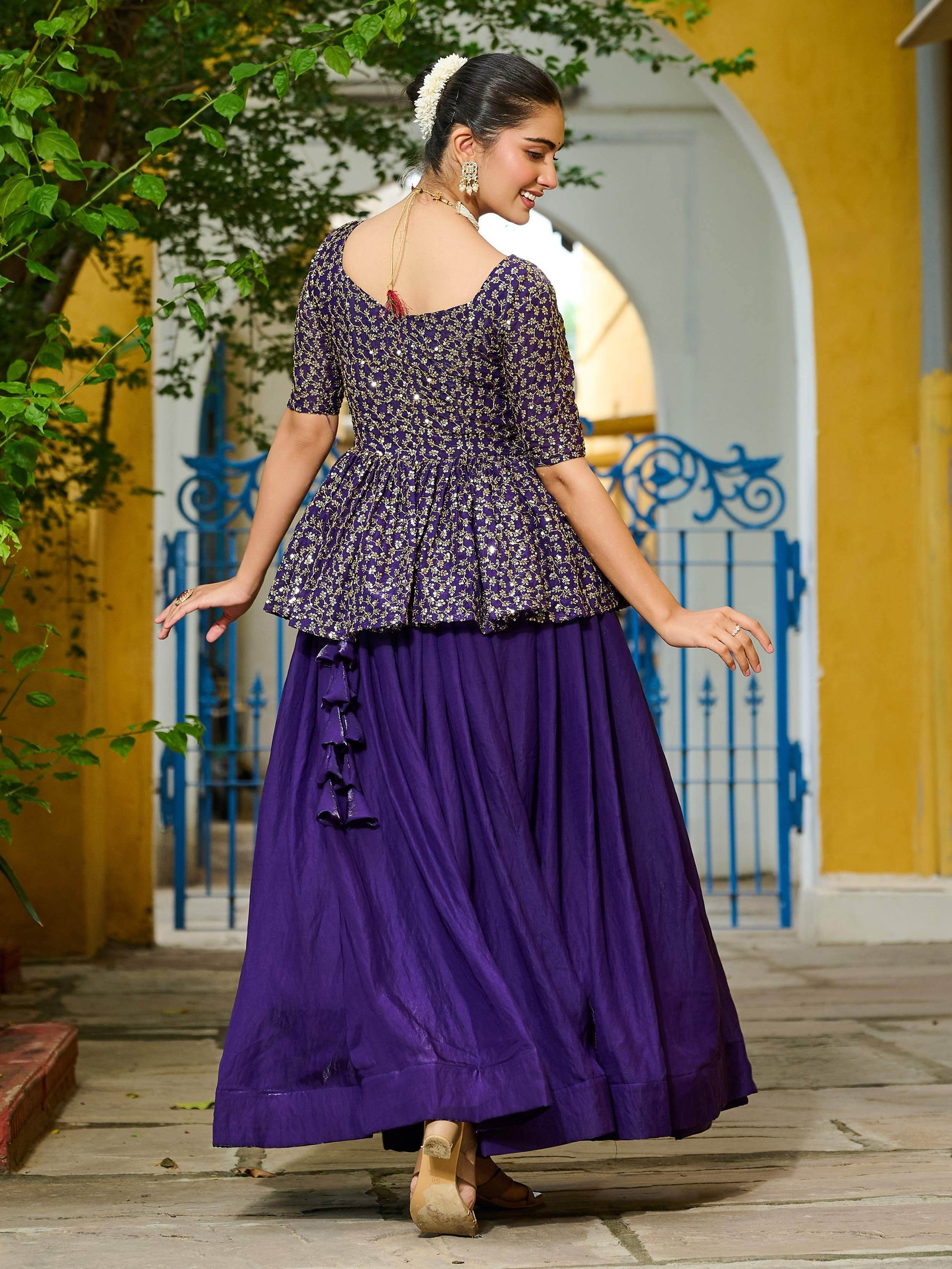 Beautiful Purple Silk Function Wear Lehenga With Sequins Peplum Top - Zeel Clothing