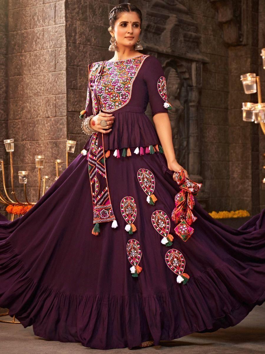 Beautiful Purple Thread Embroidered Rayon Navratri Lehenga Choli