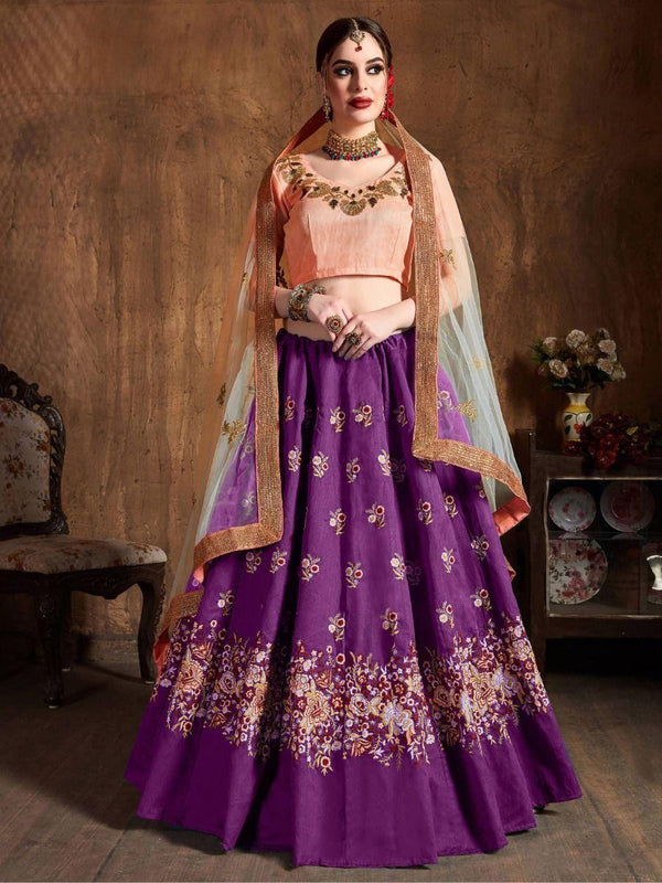 Beautiful Purple Thread Work Raw Silk Lehenga Choli With Dupatta