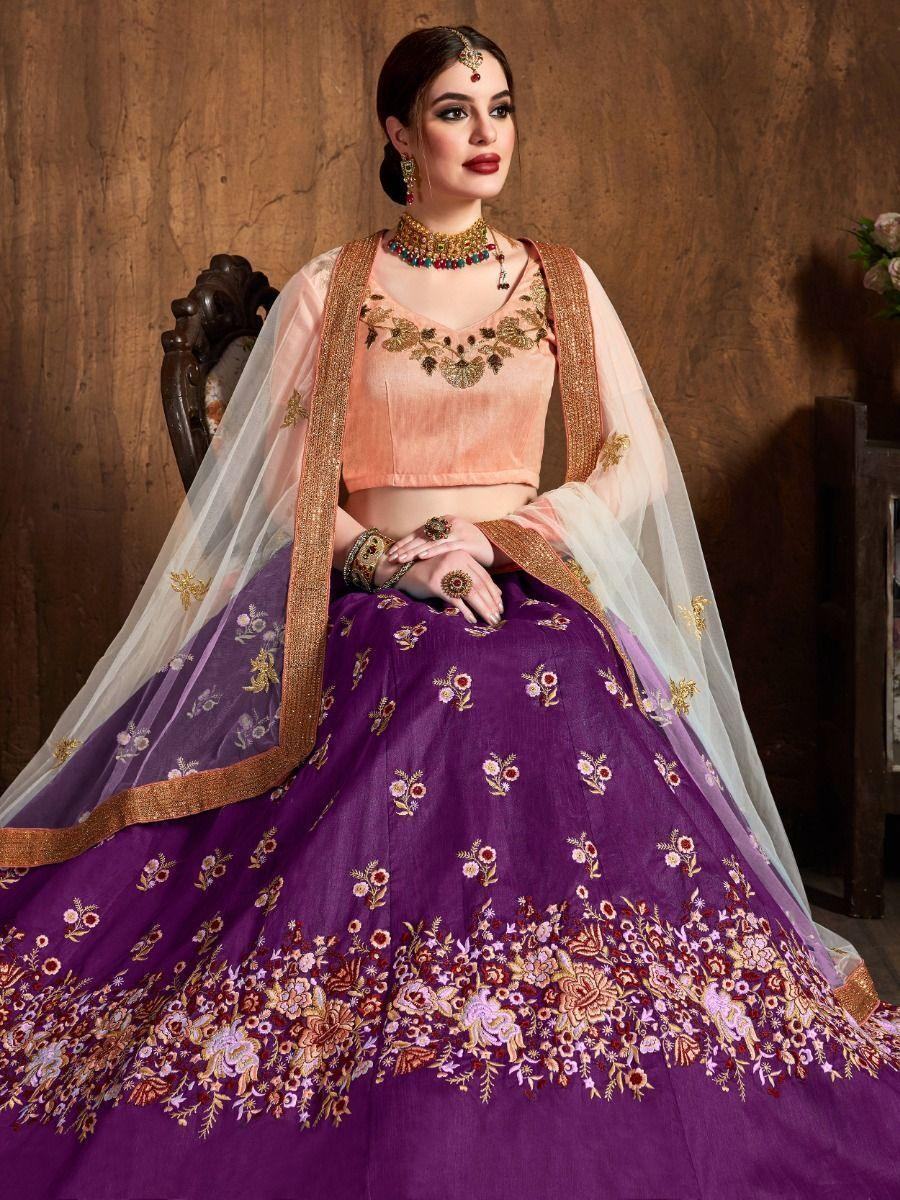 Beautiful Purple Thread Work Raw Silk Lehenga Choli With Dupatta