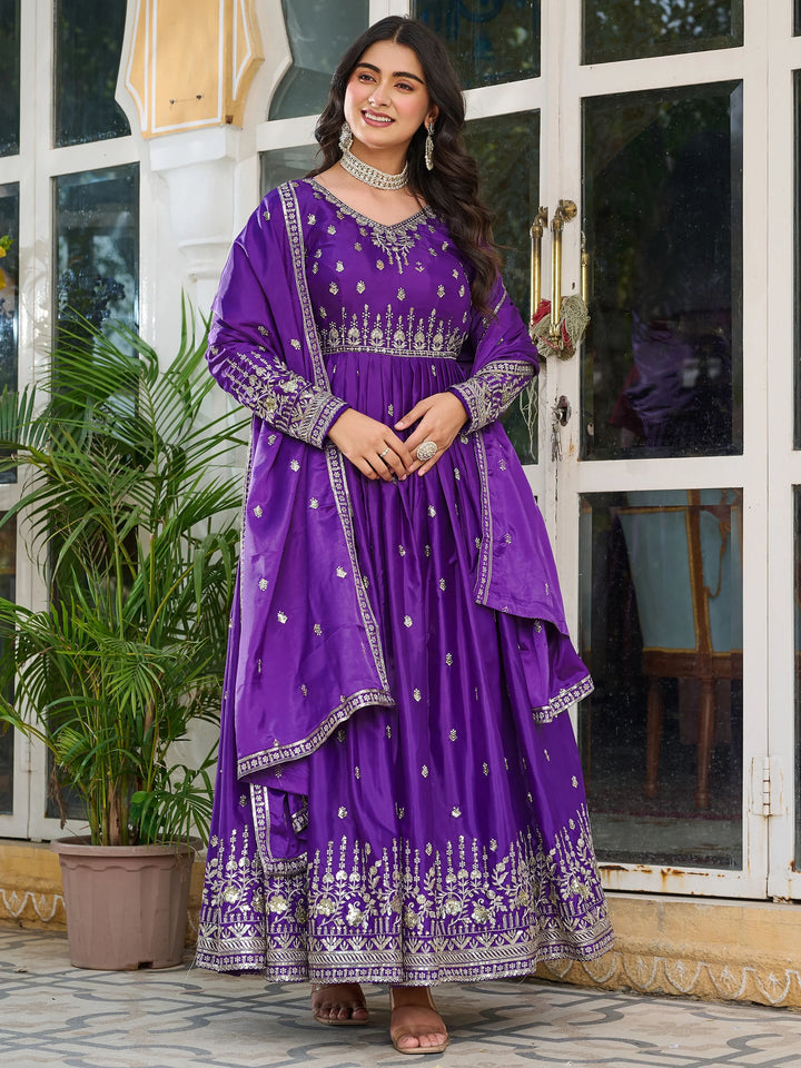 Beautiful Purple Thread Work Silk Festival Wear Gown With Dupatta - Zeel Clothing