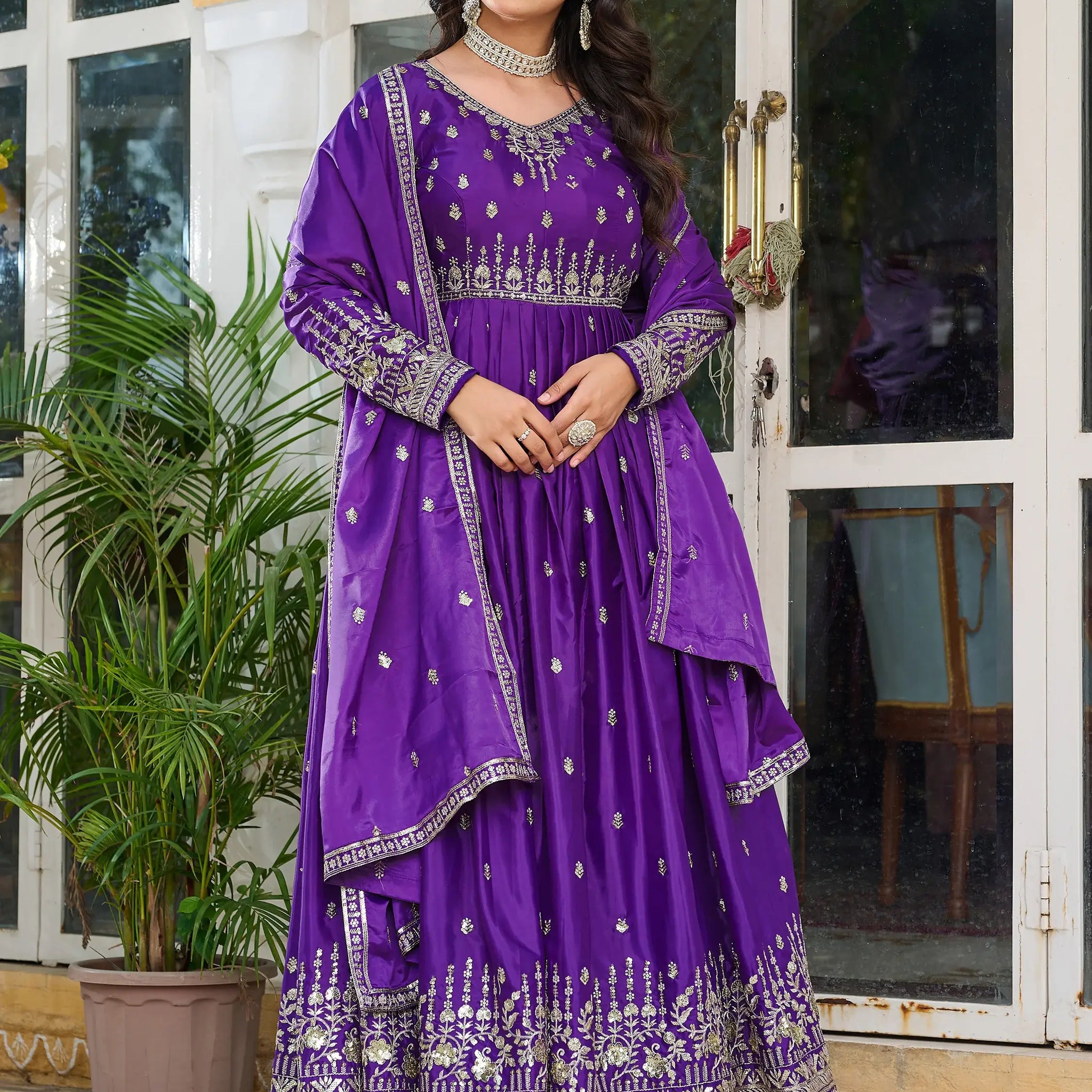 Beautiful Purple Thread Work Silk Festival Wear Gown With Dupatta - Zeel Clothing