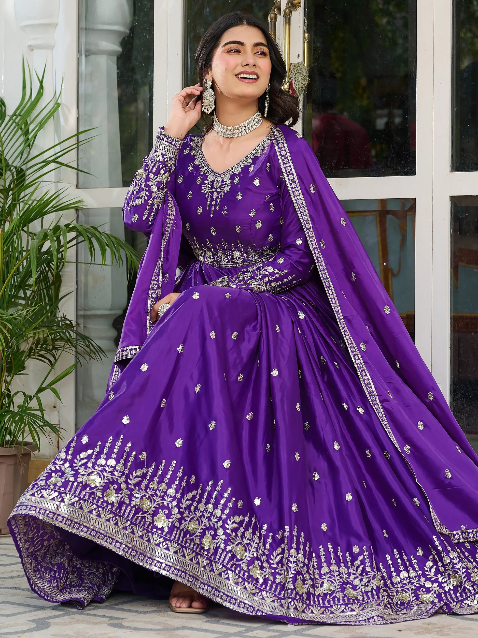 Beautiful Purple Thread Work Silk Festival Wear Gown With Dupatta - Zeel Clothing