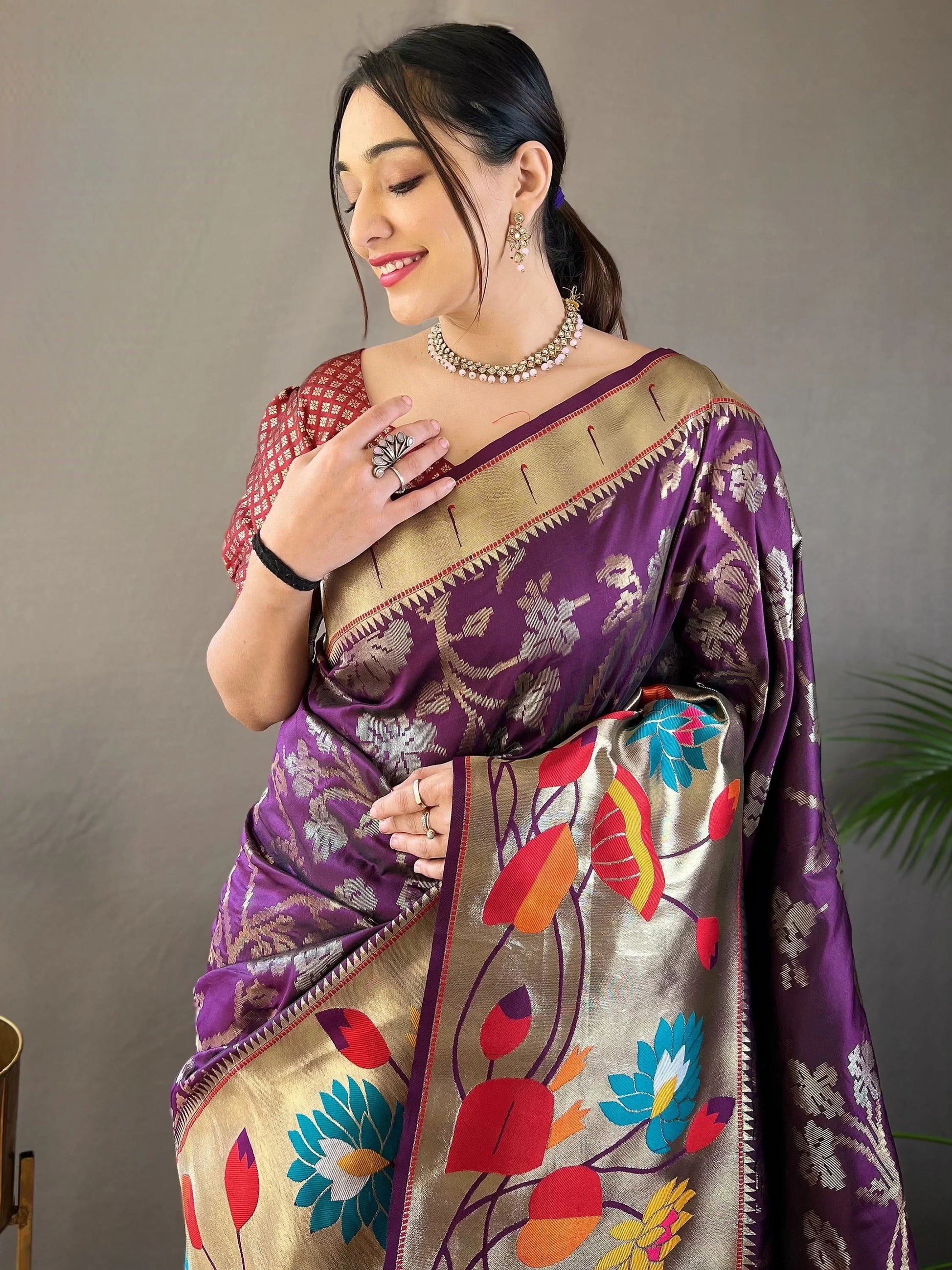 Beautiful Purple Weaving Paithani Silk Festival Wear Saree With Blouse - Zeel Clothing