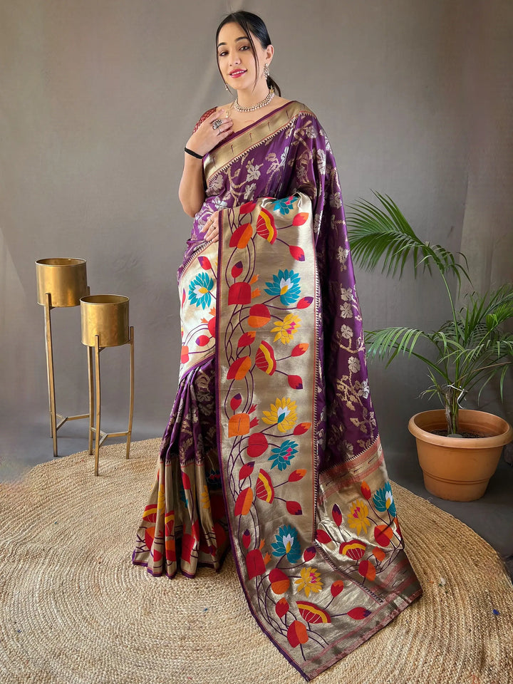 Beautiful Purple Weaving Paithani Silk Festival Wear Saree With Blouse - Zeel Clothing