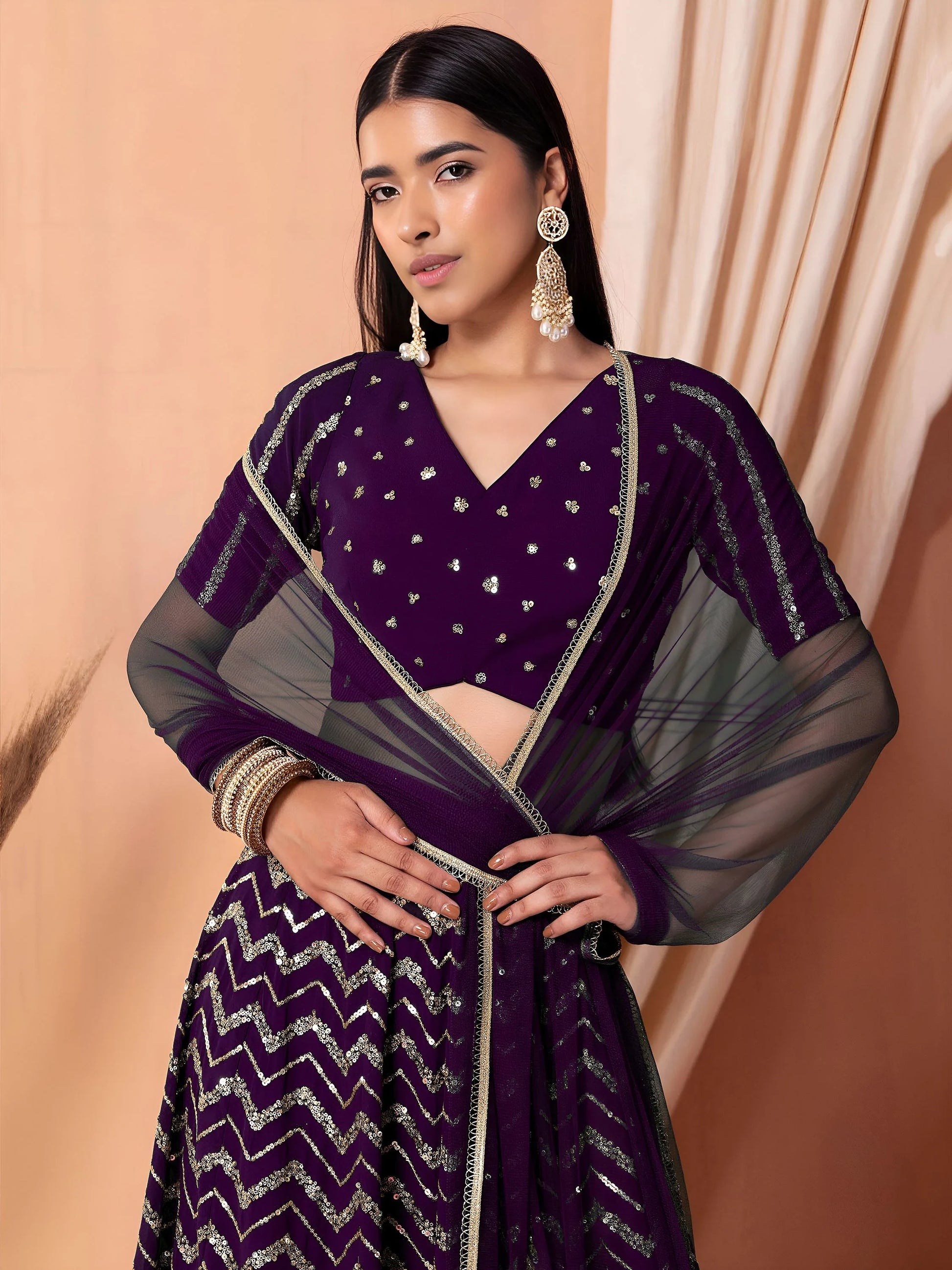 Beautiful Purple Zari Embroidered Georgette Party Wear Lehenga Choli
