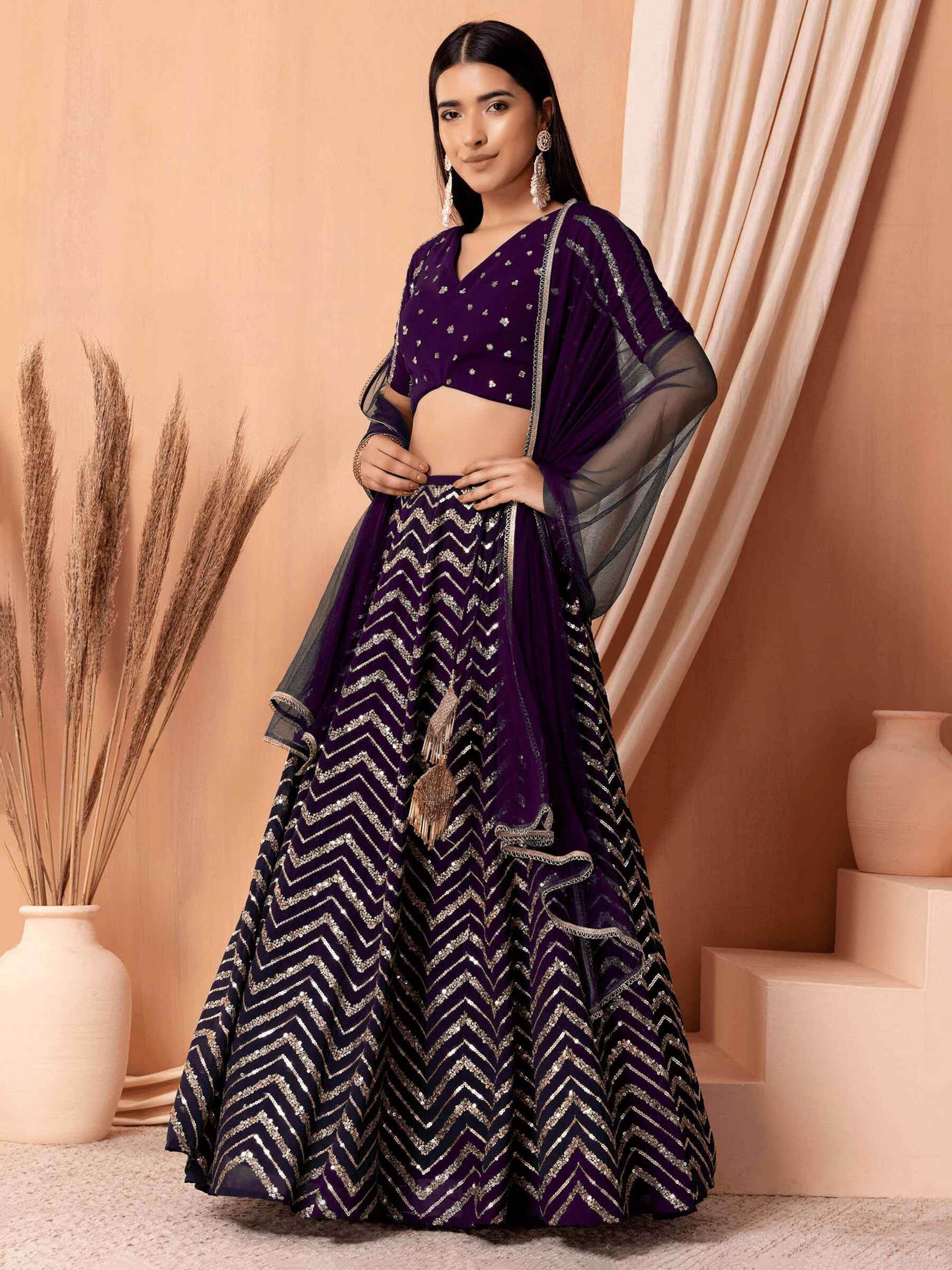 Beautiful Purple Zari Embroidered Georgette Party Wear Lehenga Choli - Zeel Clothing