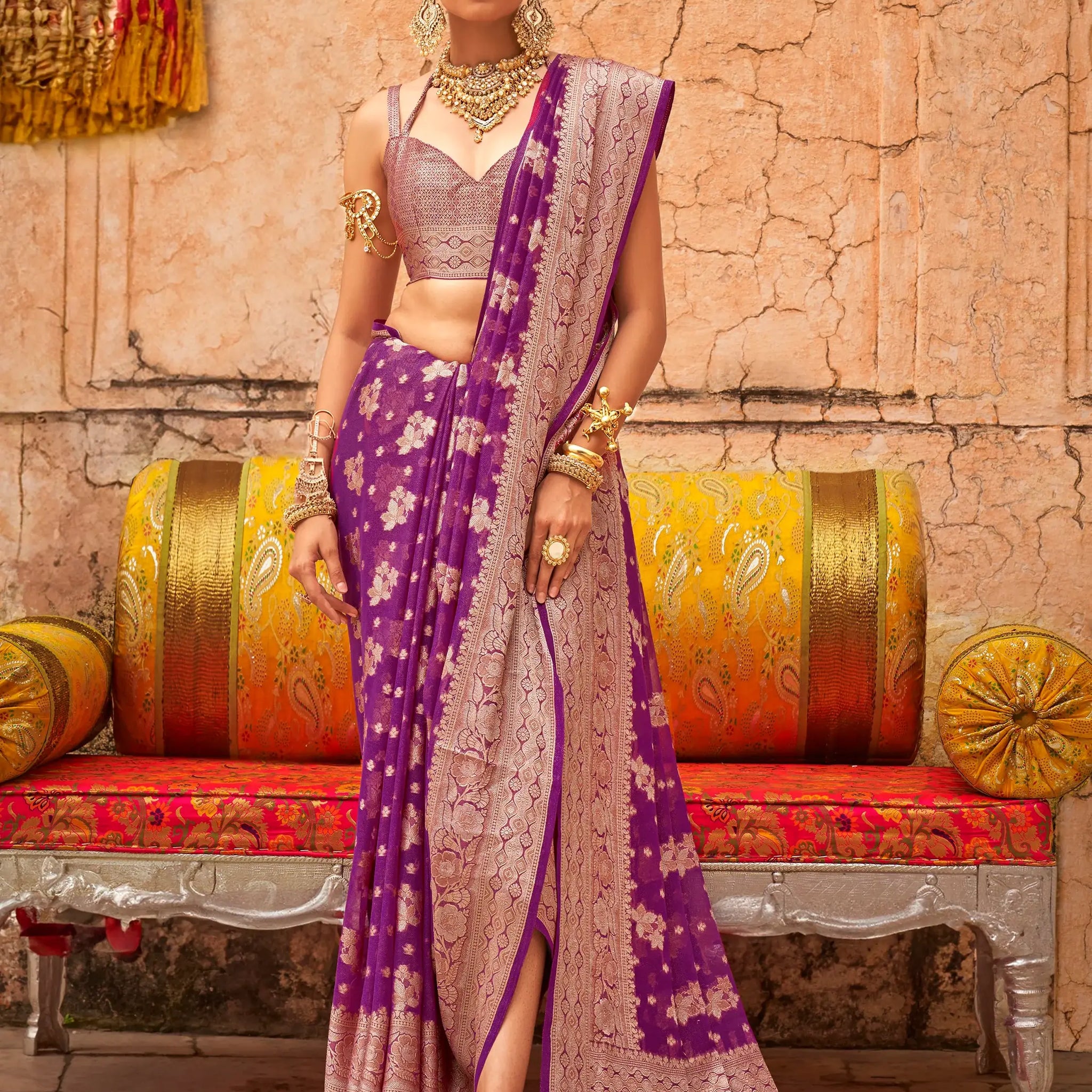 Beautiful Purple Zari Weaving Georgette Festival Wear Saree With Blouse - Zeel Clothing
