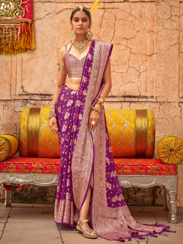 Beautiful Purple Zari Weaving Georgette Festival Wear Saree With Blouse - Zeel Clothing