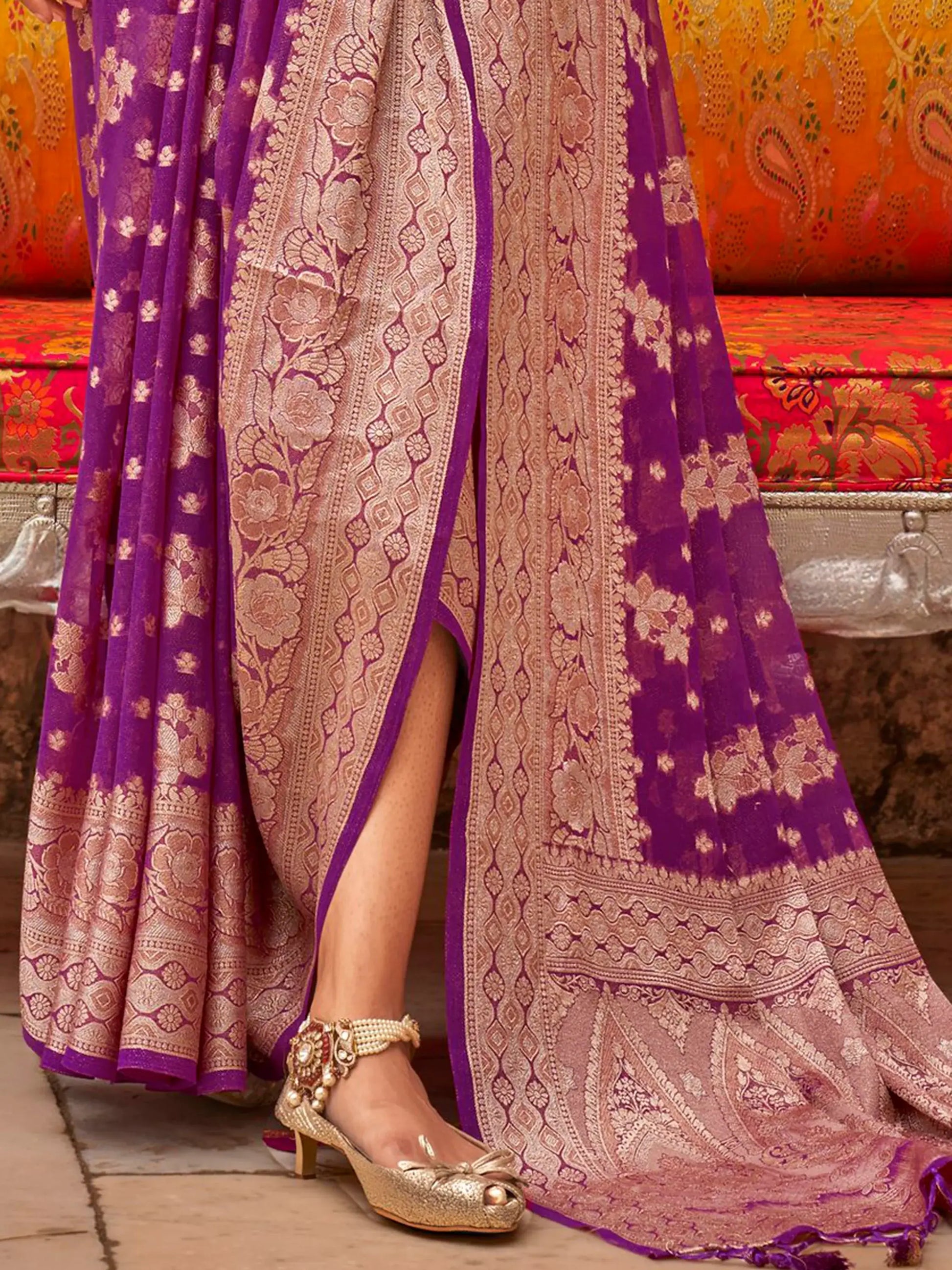Beautiful Purple Zari Weaving Georgette Festival Wear Saree With Blouse - Zeel Clothing