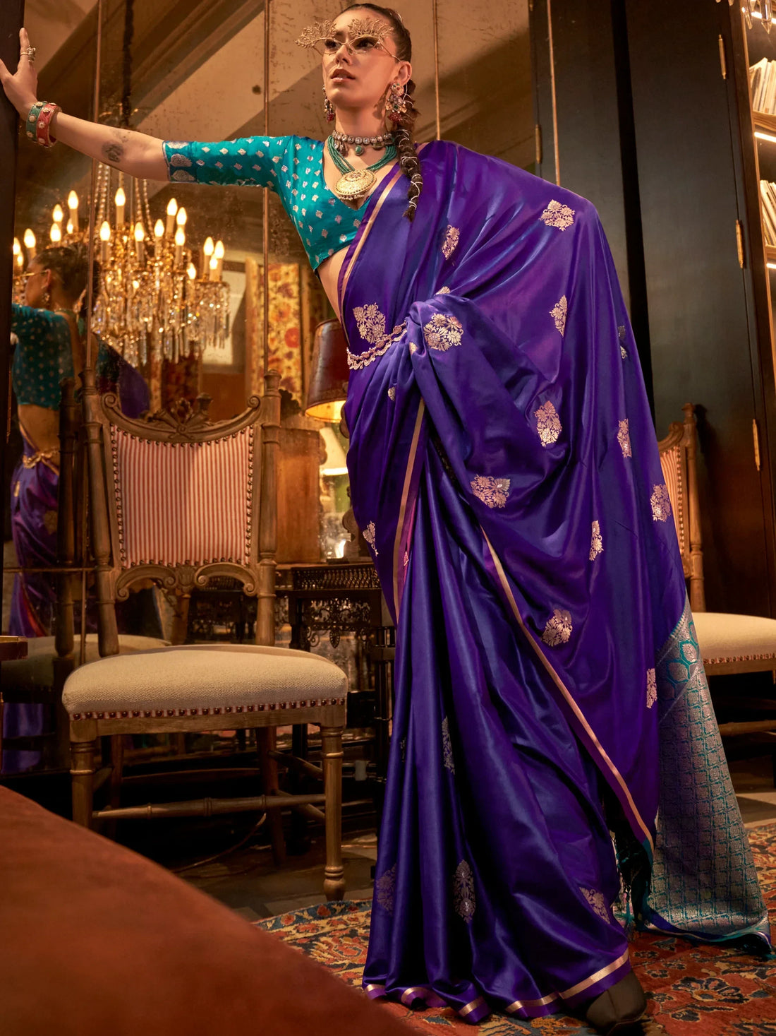 Beautiful Purple Zari Weaving Satin Event Wear Saree With Blouse - Zeel Clothing