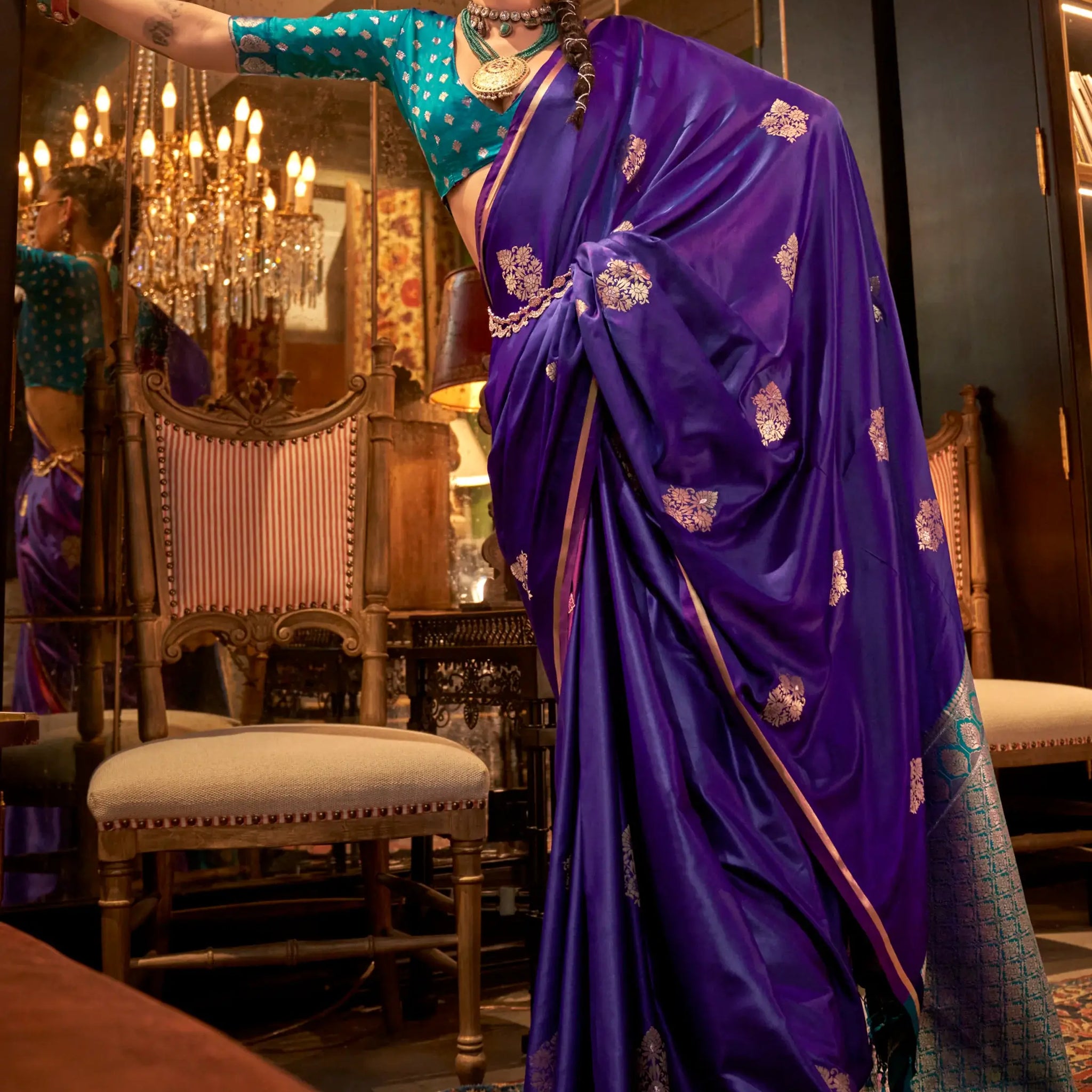 Beautiful Purple Zari Weaving Satin Event Wear Saree With Blouse - Zeel Clothing