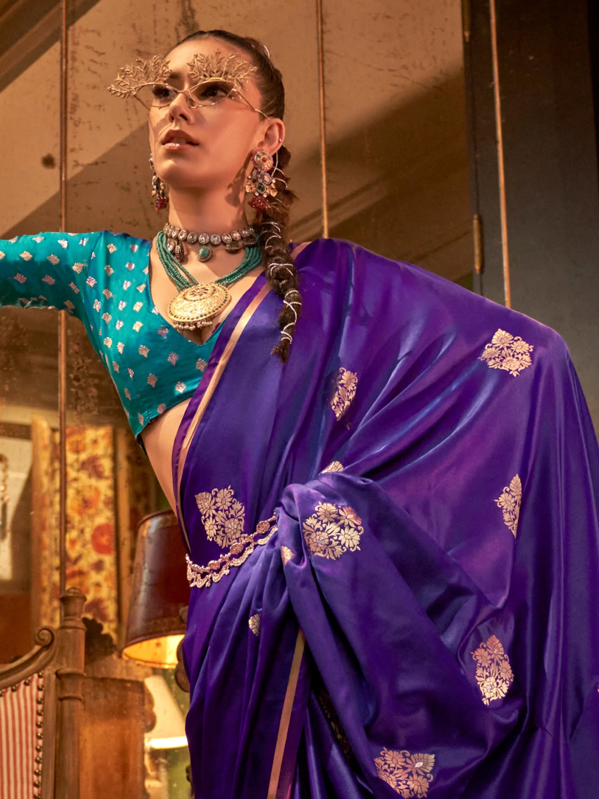 Beautiful Purple Zari Weaving Satin Event Wear Saree With Blouse - Zeel Clothing