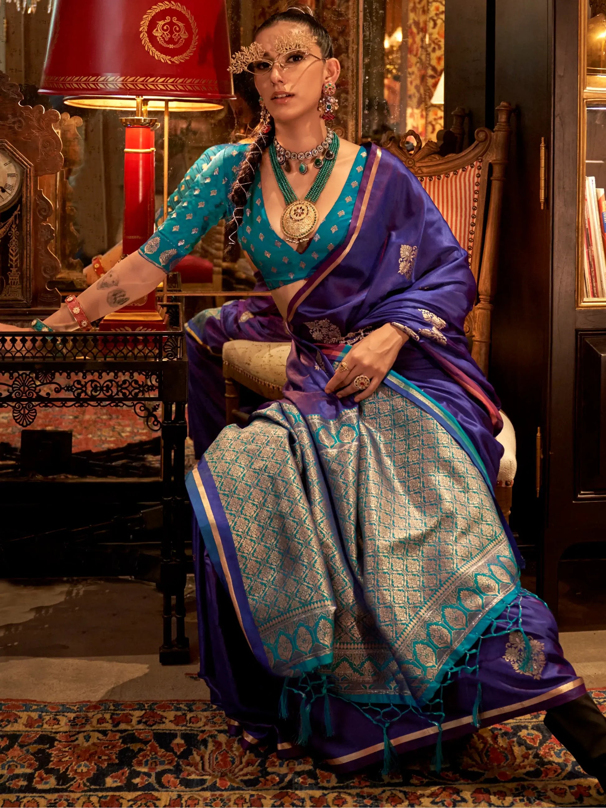 Beautiful Purple Zari Weaving Satin Event Wear Saree With Blouse - Zeel Clothing