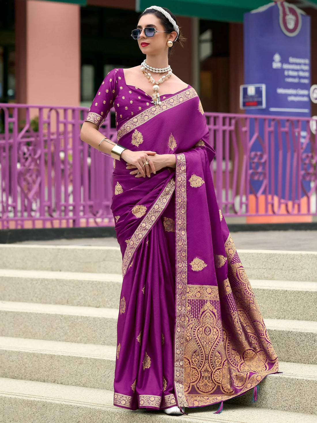 Beautiful Purple Zari Weaving Satin Festival Wear Saree With Blouse - Zeel Clothing