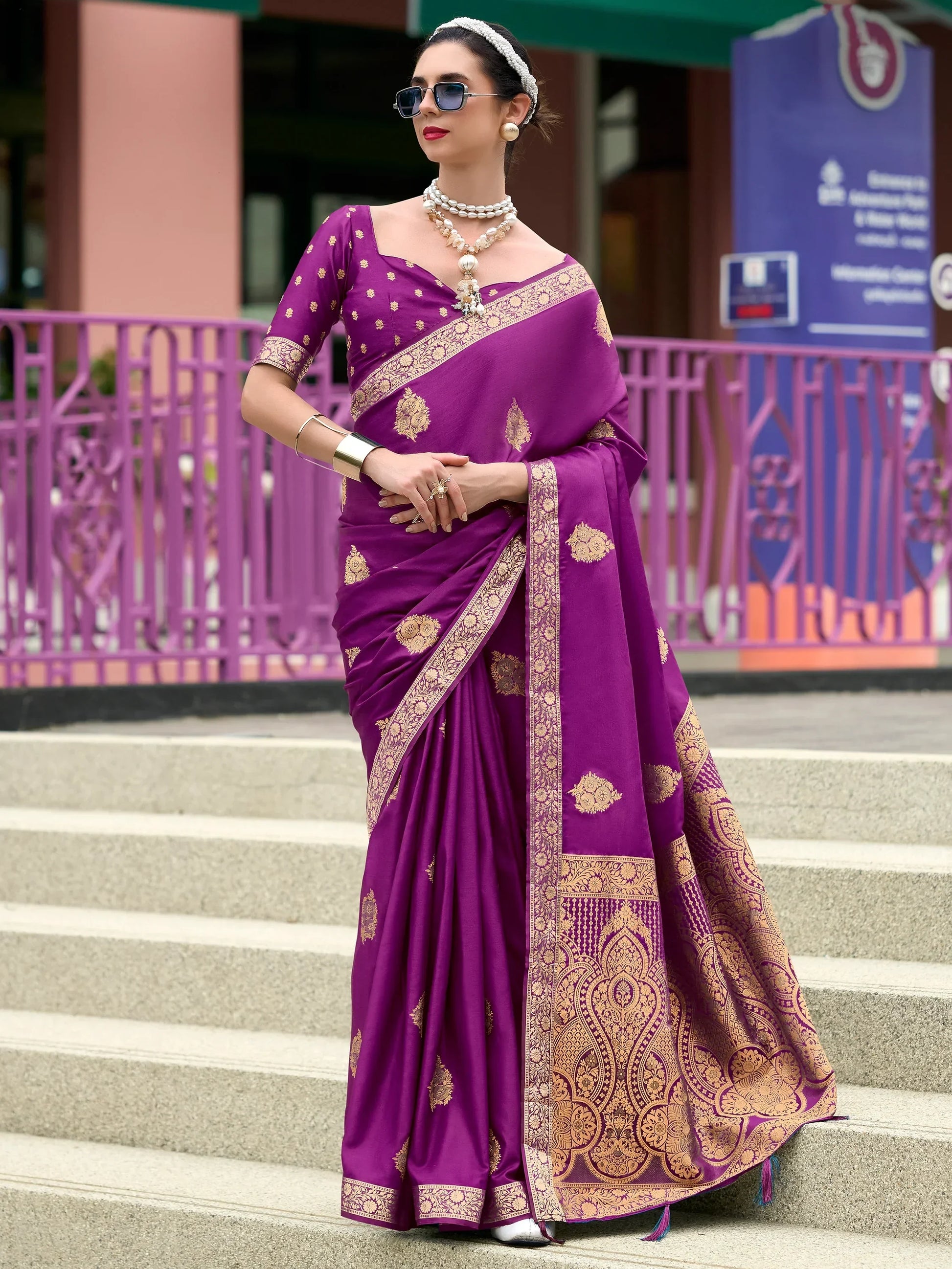 Beautiful Purple Zari Weaving Satin Festival Wear Saree With Blouse - Zeel Clothing