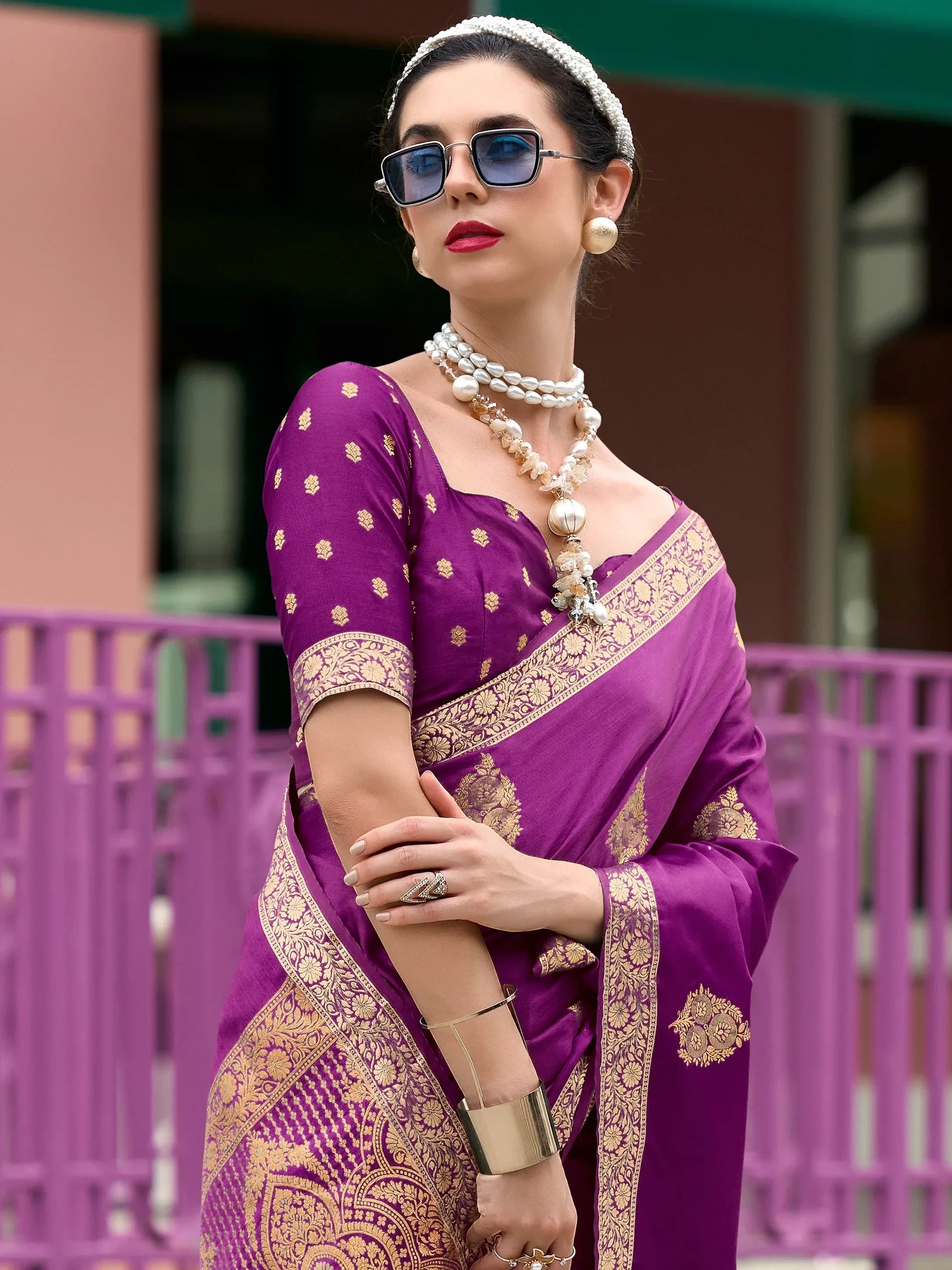 Beautiful Purple Zari Weaving Satin Festival Wear Saree With Blouse - Zeel Clothing