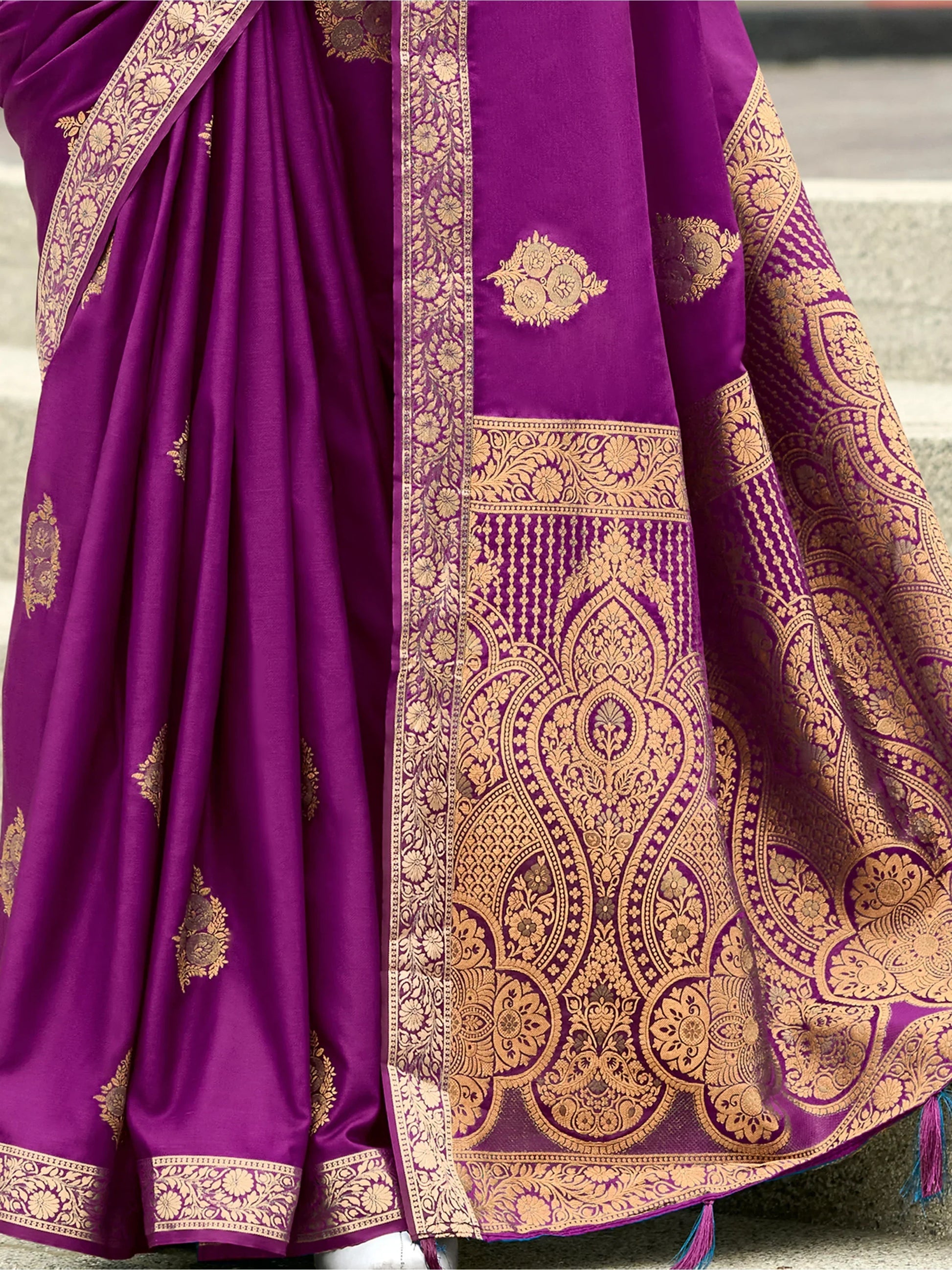 Beautiful Purple Zari Weaving Satin Festival Wear Saree With Blouse - Zeel Clothing