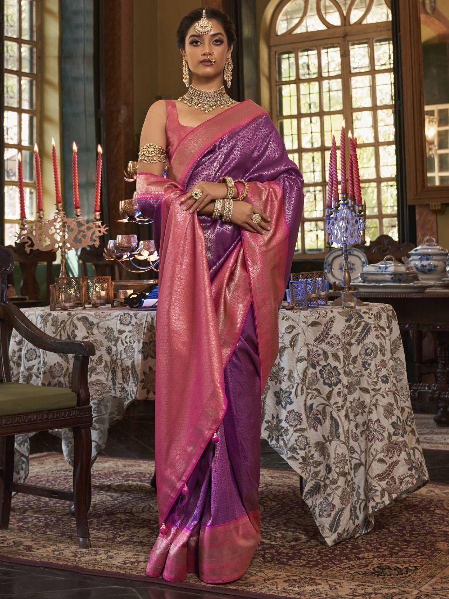 Beautiful Purple Zari Woven Kanjivaram Silk Wedding Wear Saree - Zeel Clothing